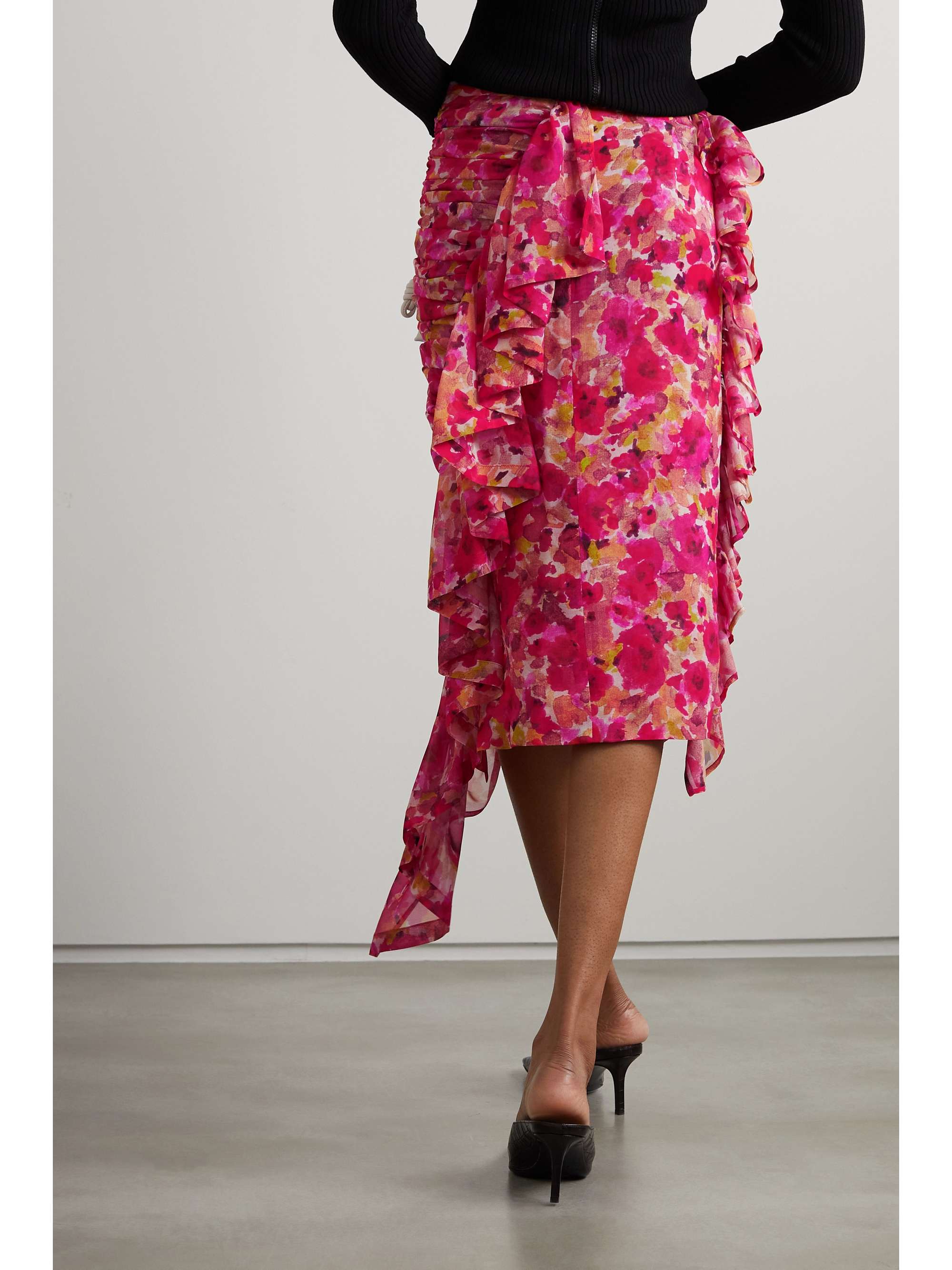 DRIES VAN NOTEN Ruffled ruched floral-print silk-georgette midi skirt
