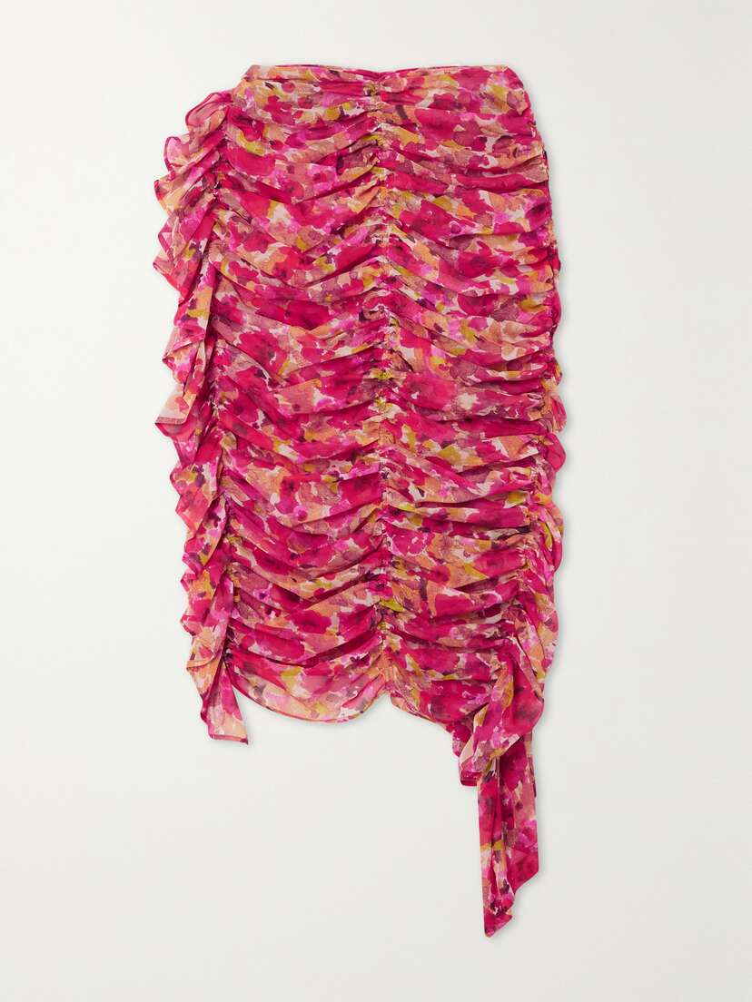 Dries Van Noten Ruffled Ruched Floral-print Silk-georgette Midi Skirt