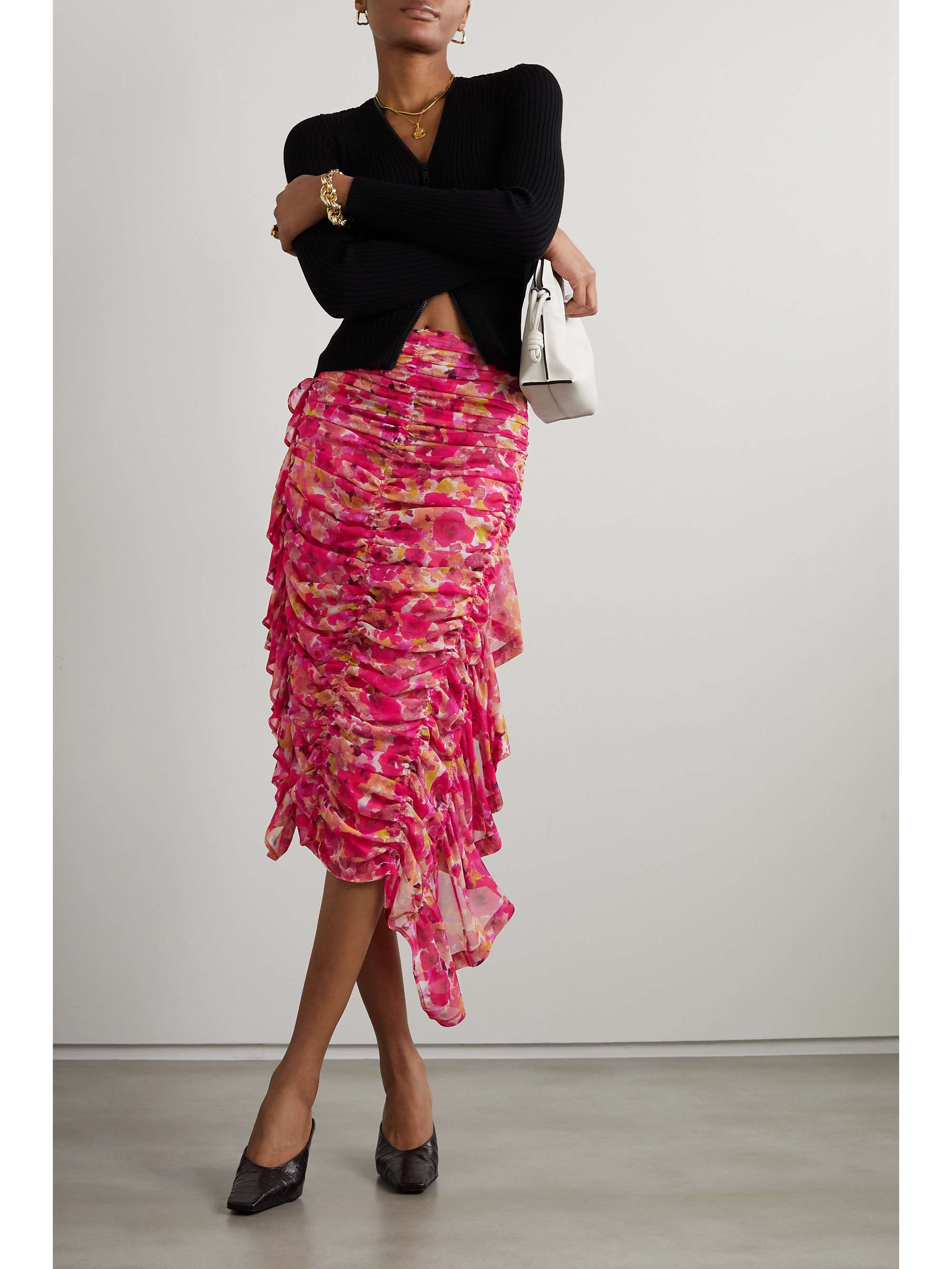 Ruffled ruched floral print silk georgette midi skirt