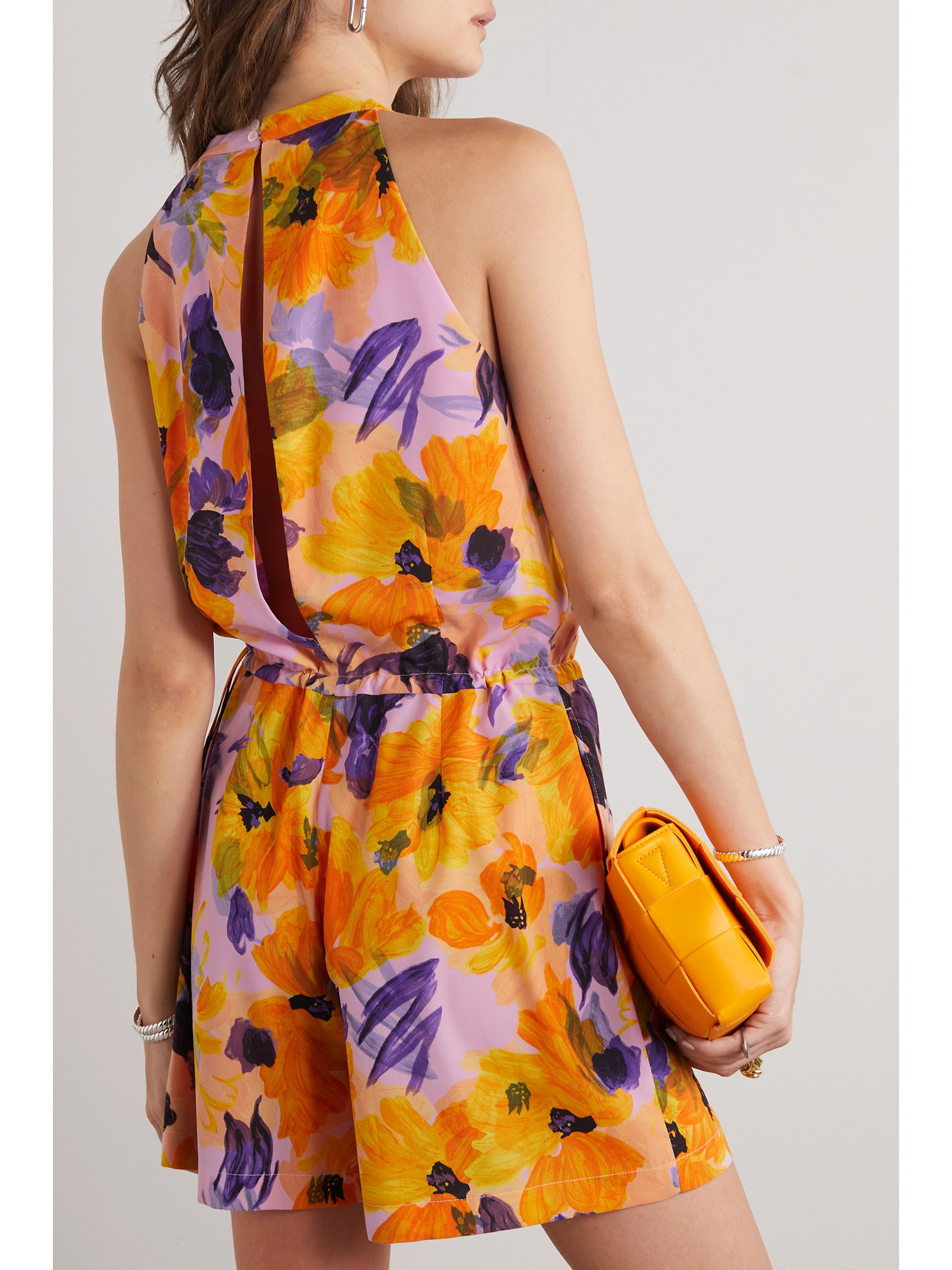 Dries Van Noten Floral-print Silk-crepe Playsuit In Purple