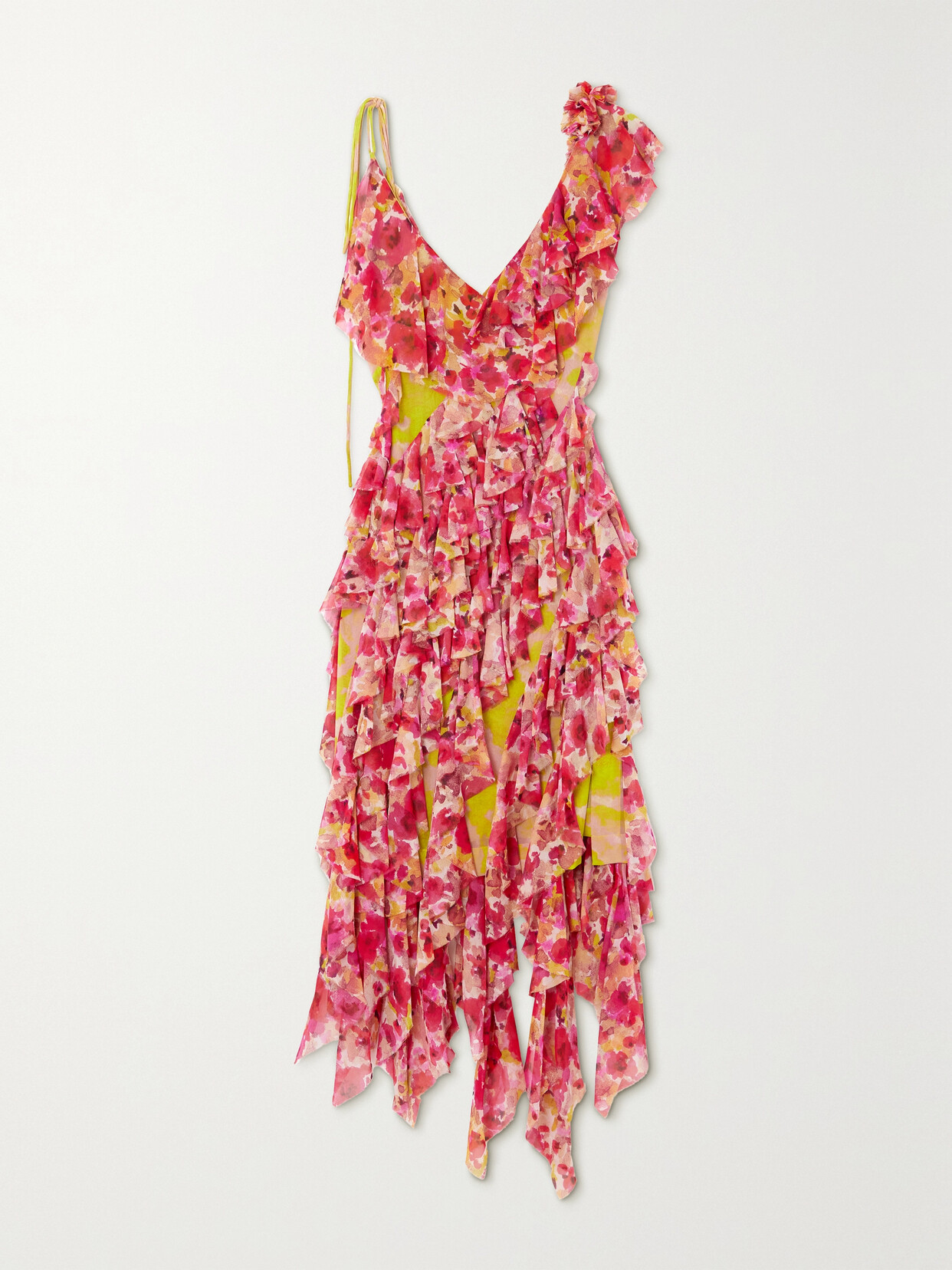 DRIES VAN NOTEN RUFFLED FLORAL-PRINT SILK-BLEND CHIFFON MIDI DRESS