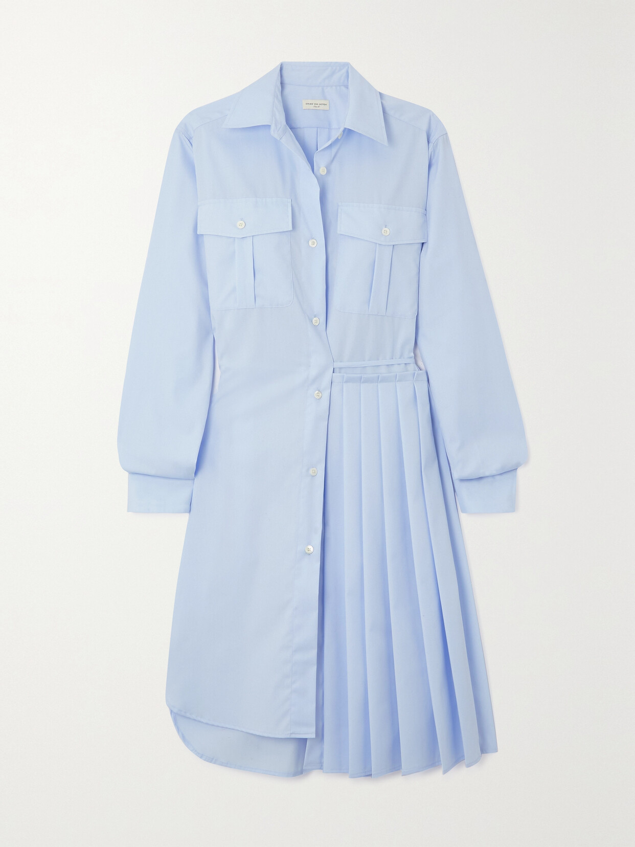 Dries Van Noten Asymmetric Pleated Cotton-poplin Wrap Shirt Dress In Blue