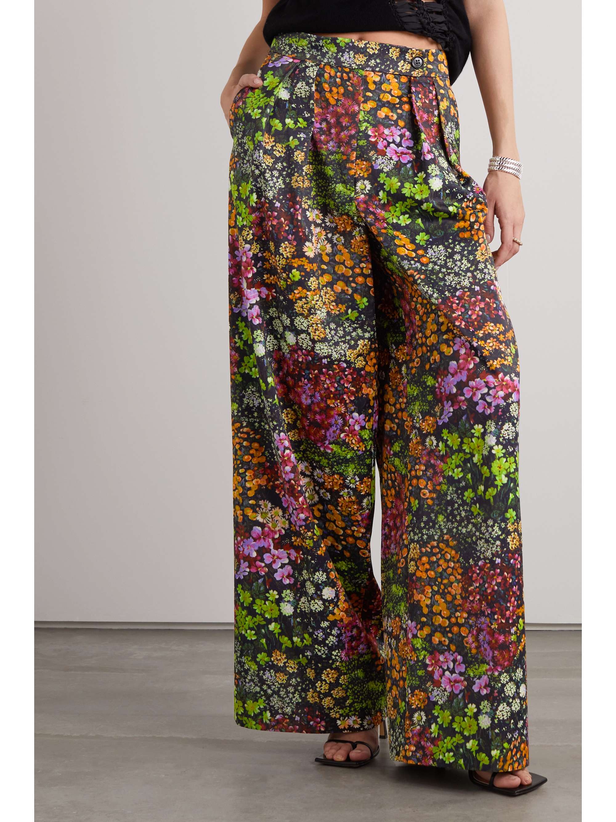 DRIES VAN NOTEN Pleated floral-print twill wide-leg pants