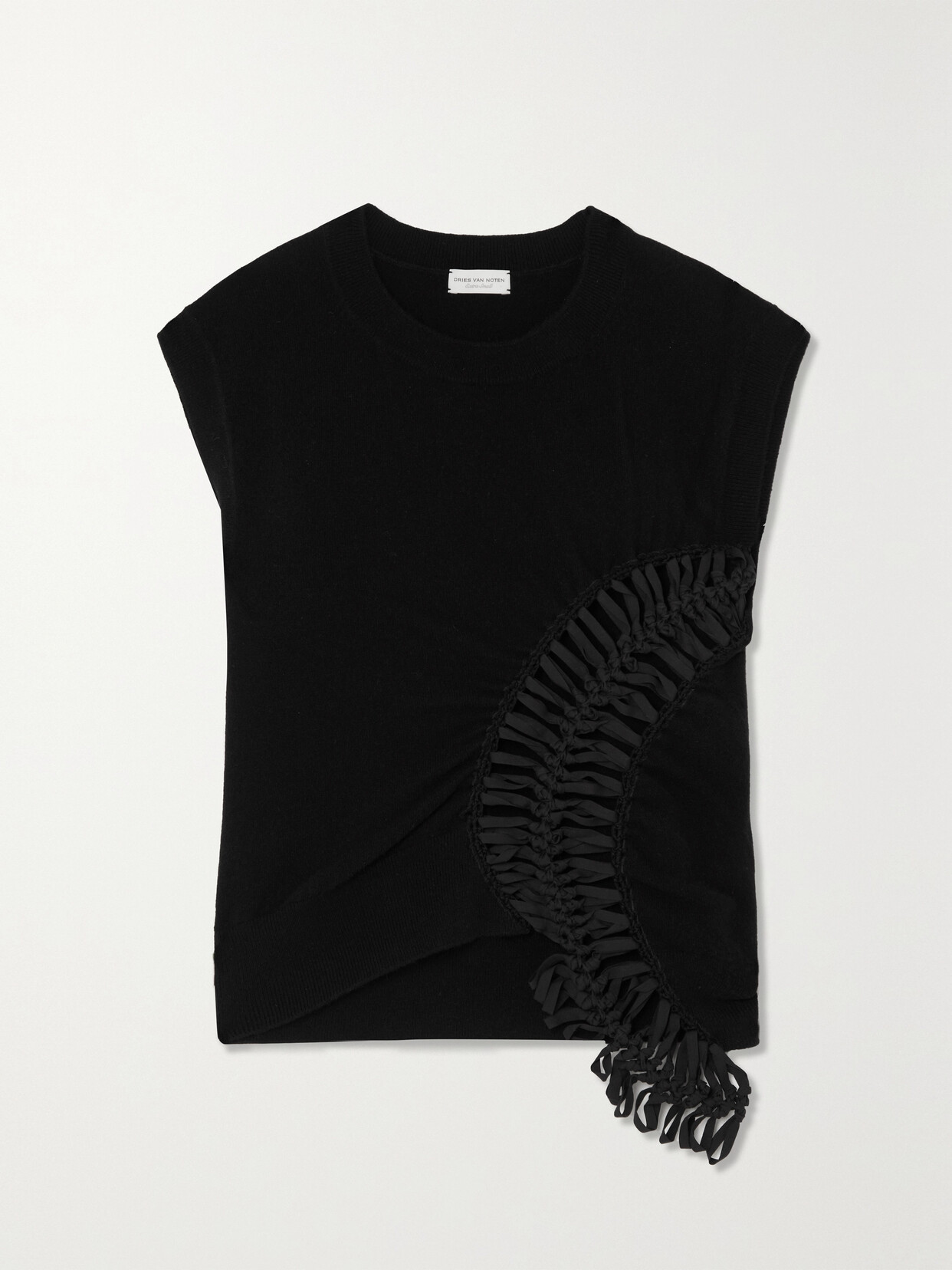 Dries Van Noten Cropped Macramé And Crochet-trimmed Gathered Cashmere Top In Black