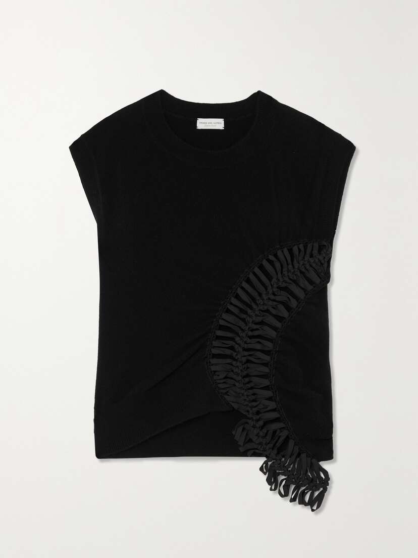 Dries Van Noten Cropped Macramé And Crochet-trimmed Gathered Cashmere Top
