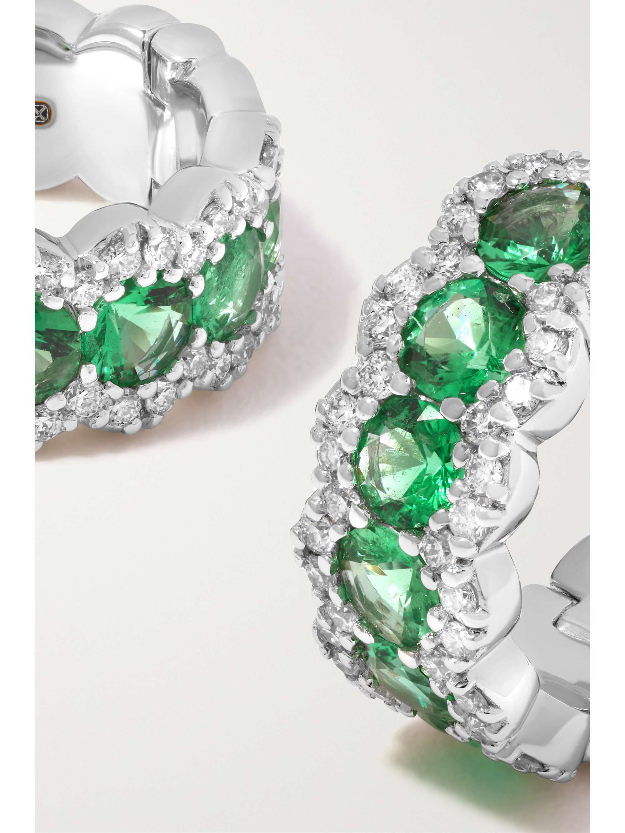 DAVID MORRIS 18-karat white gold, emerald and diamond hoop earrings