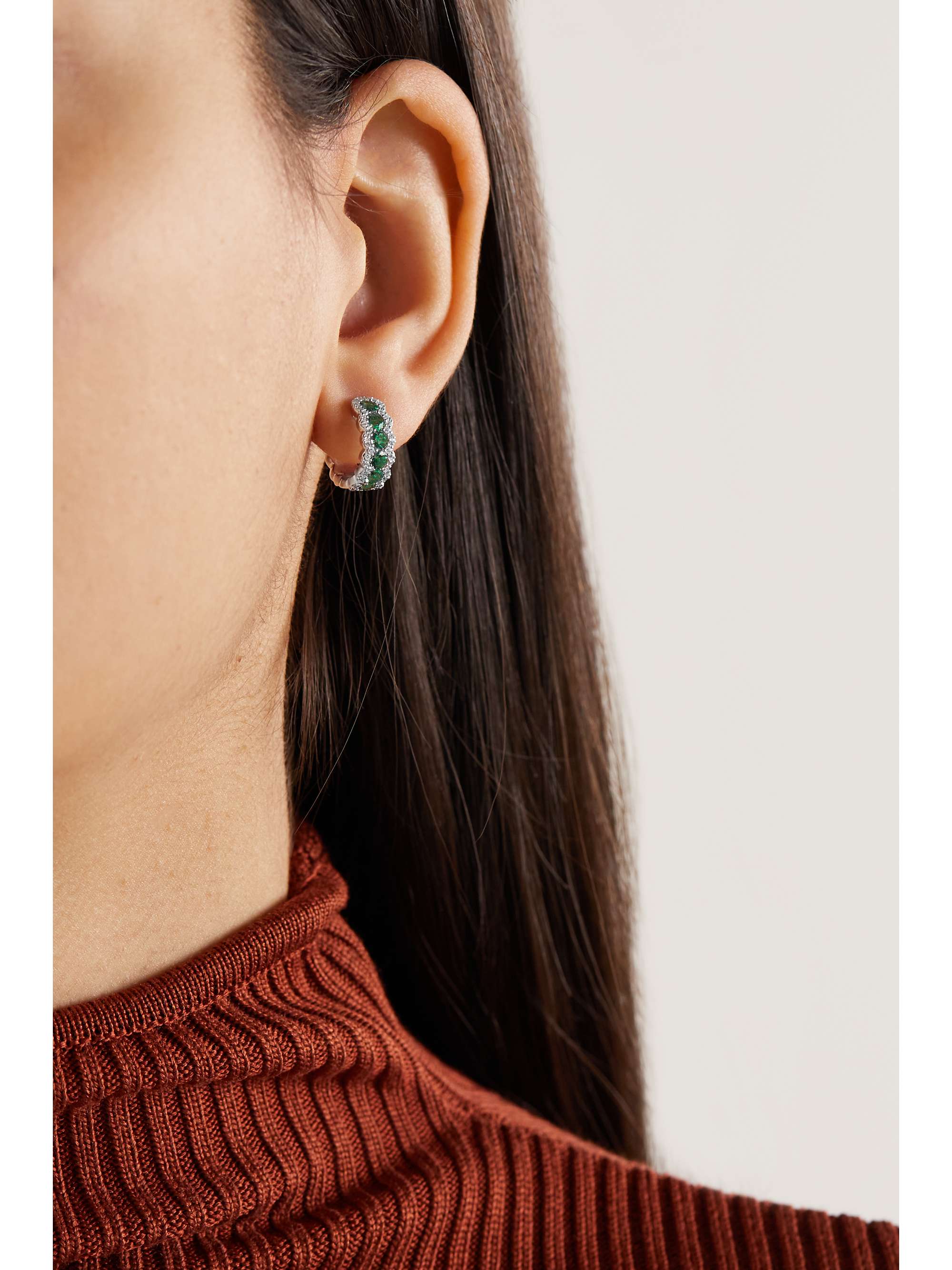 DAVID MORRIS 18-karat white gold, emerald and diamond hoop earrings