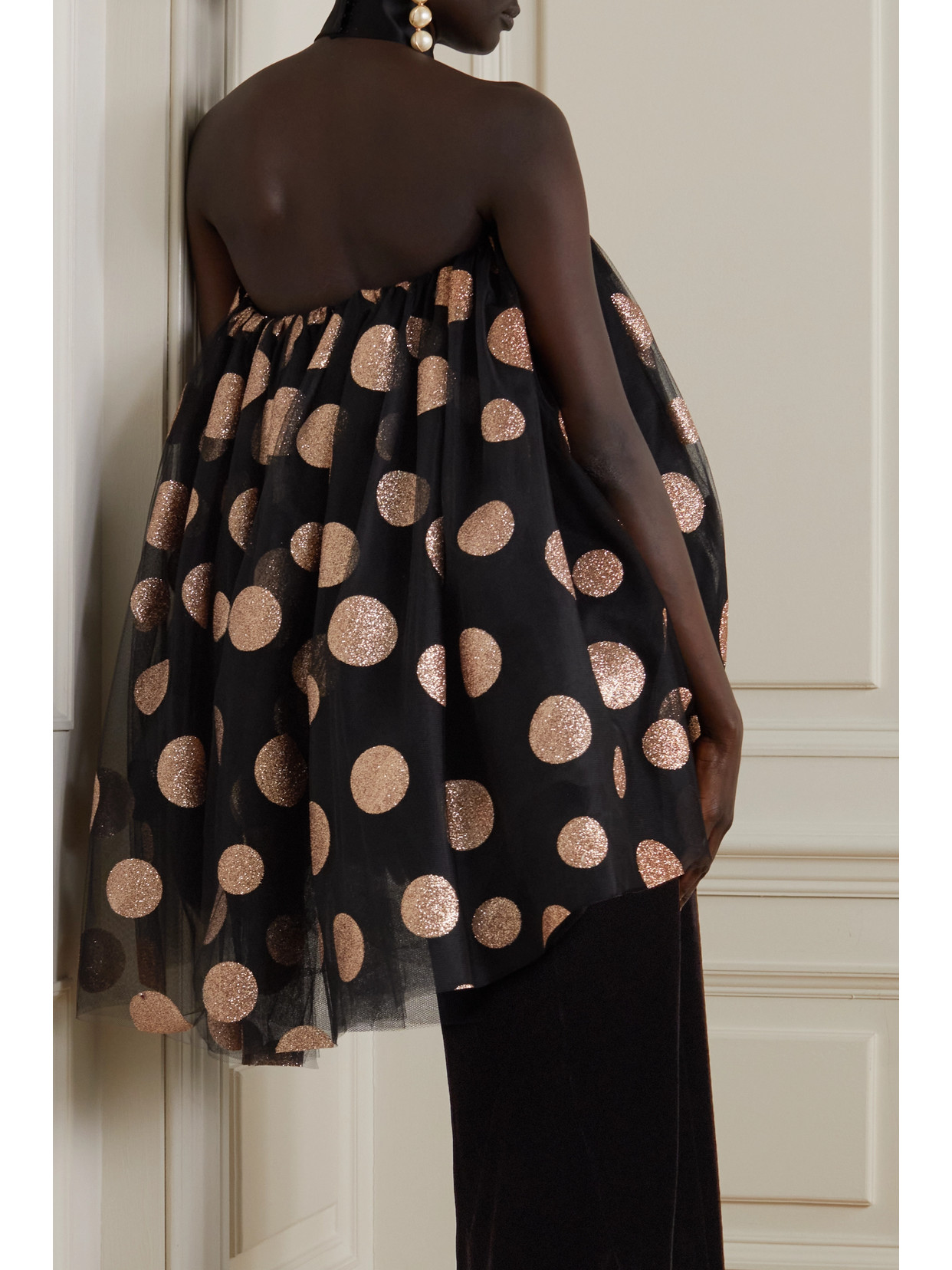 Cropped Halterneck Glittered Polka-Dot Tulle Top