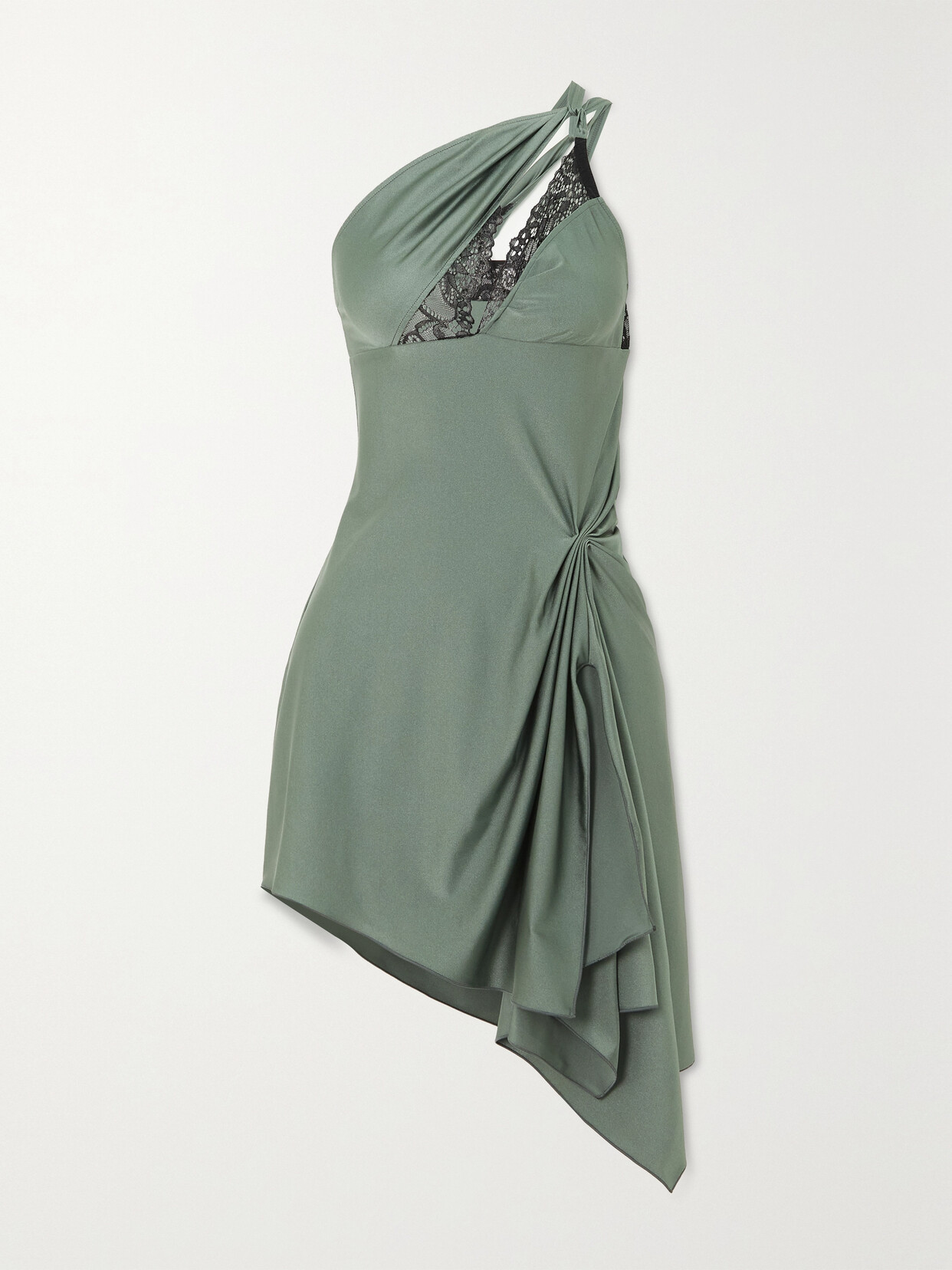 Coperni - Asymmetric Lace-trimmed Cutout Satin-jersey Mini Dress - Green