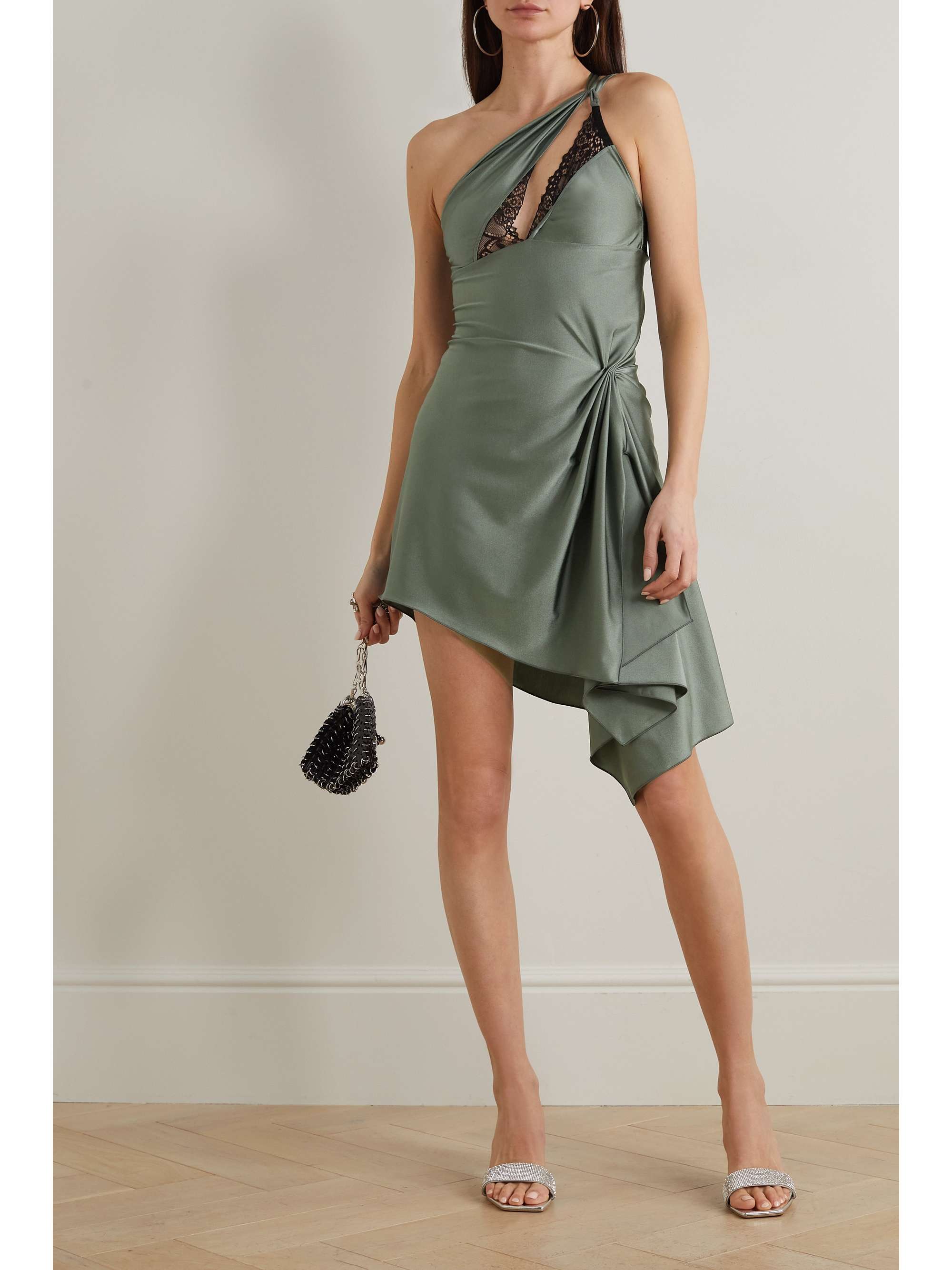 Asymmetric lace trimmed cutout satin jersey mini dress