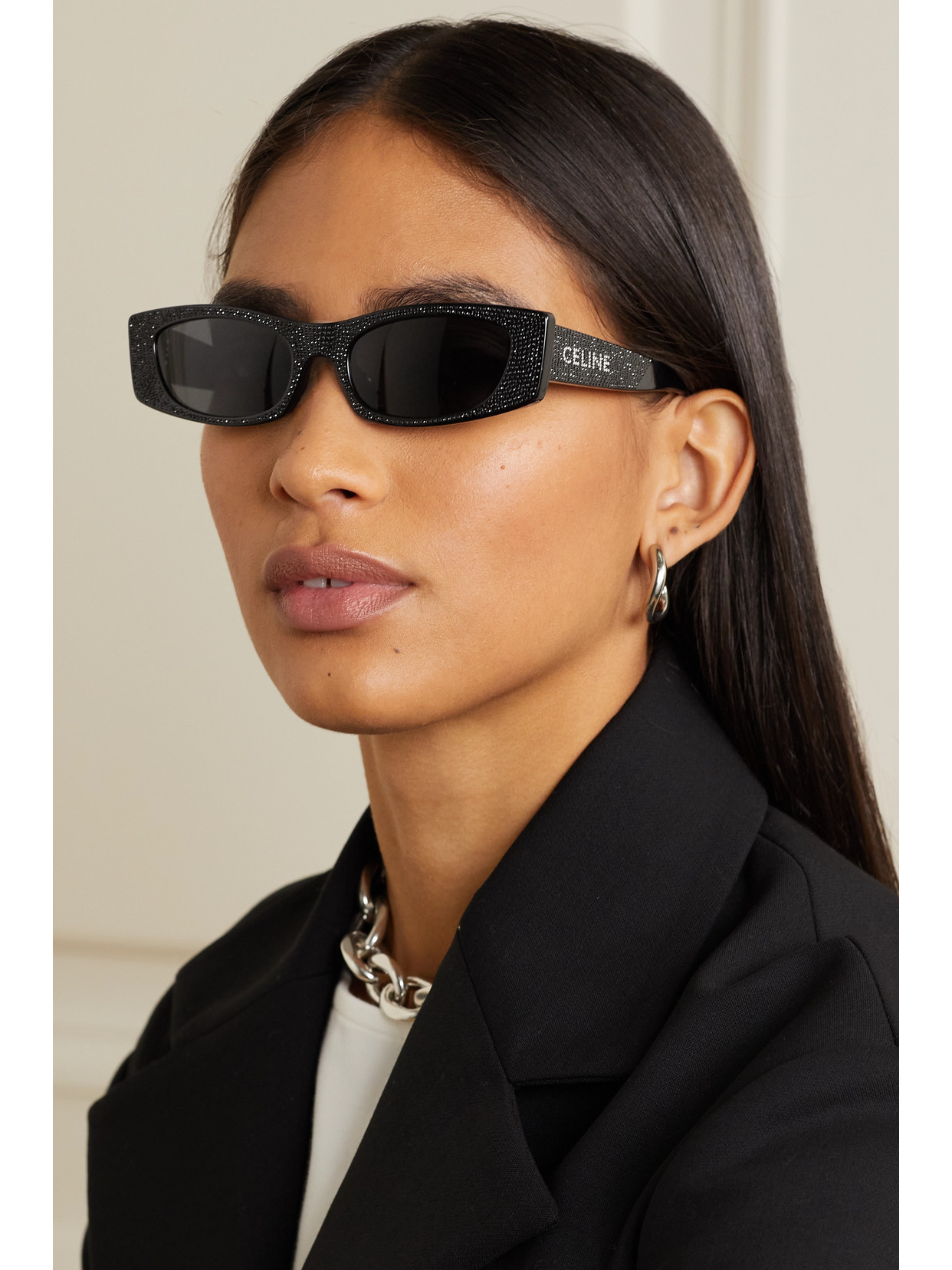 Shop Celine Animation Crystal-embellished Cat-eye Acetate Sunglasses In Black