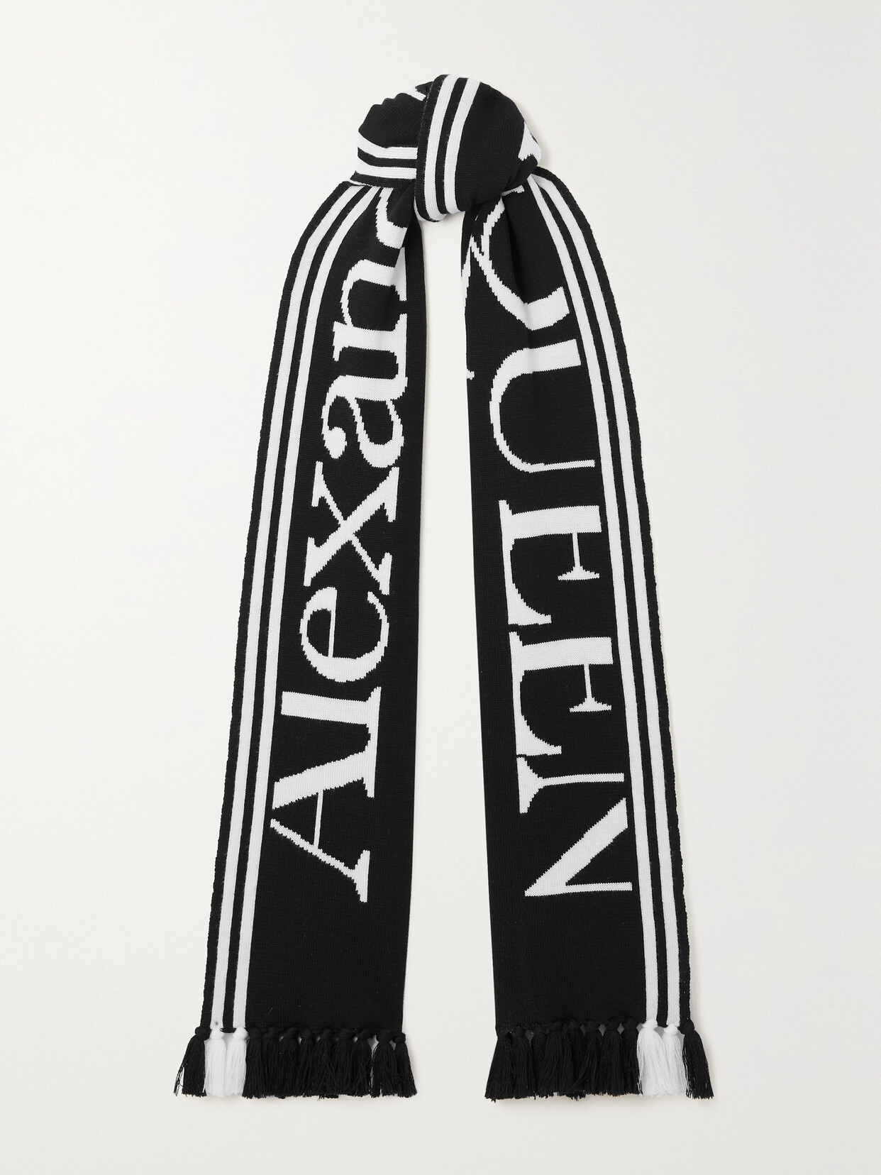 Alexander McQueen - Fringed Striped Logo-jacquard Wool Scarf - Black