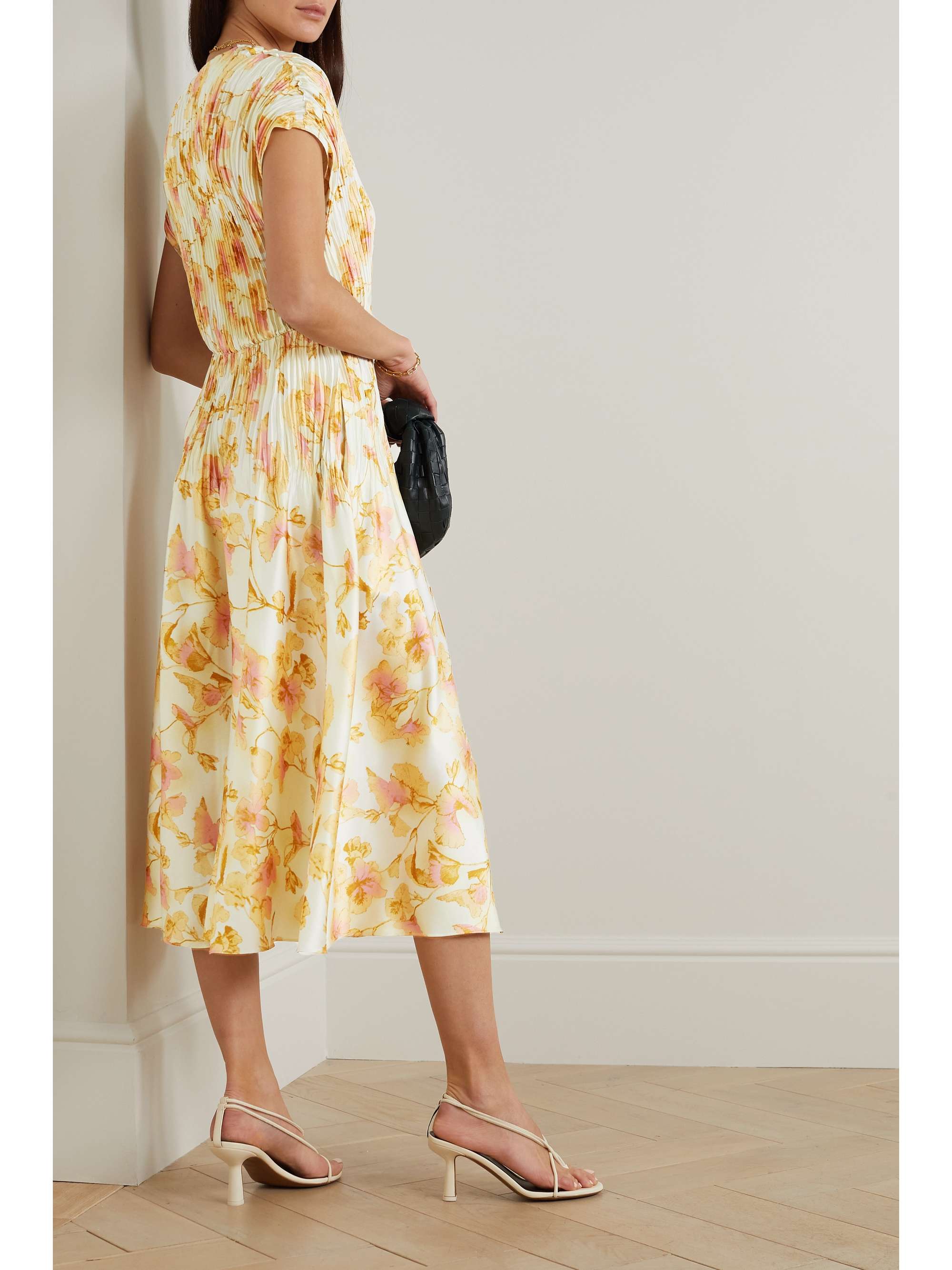 VINCE Pleated floral-print satin midi dress