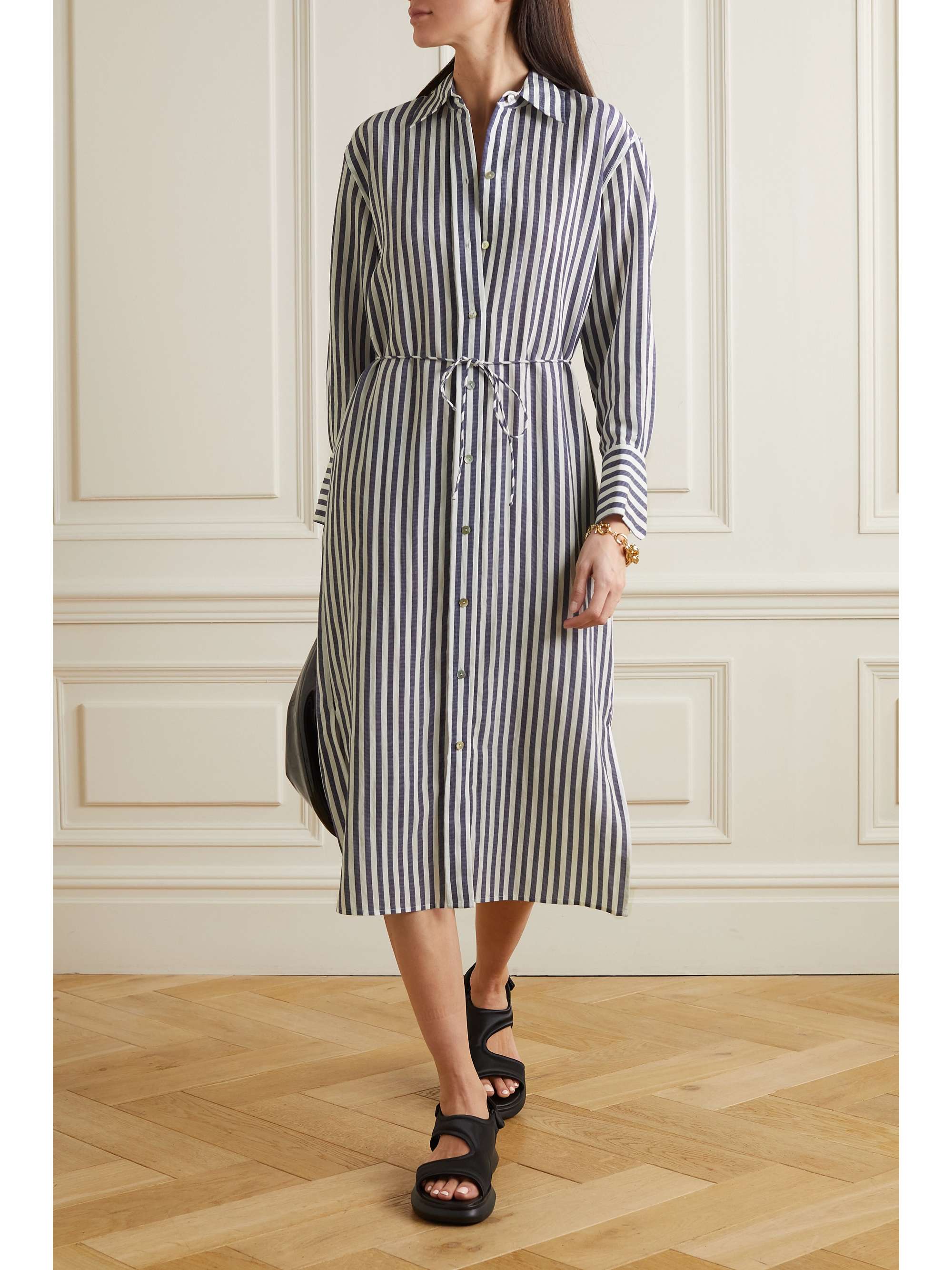 VINCE Belted striped TENCEL Lyocell-blend midi shirt dress | NET-A-PORTER