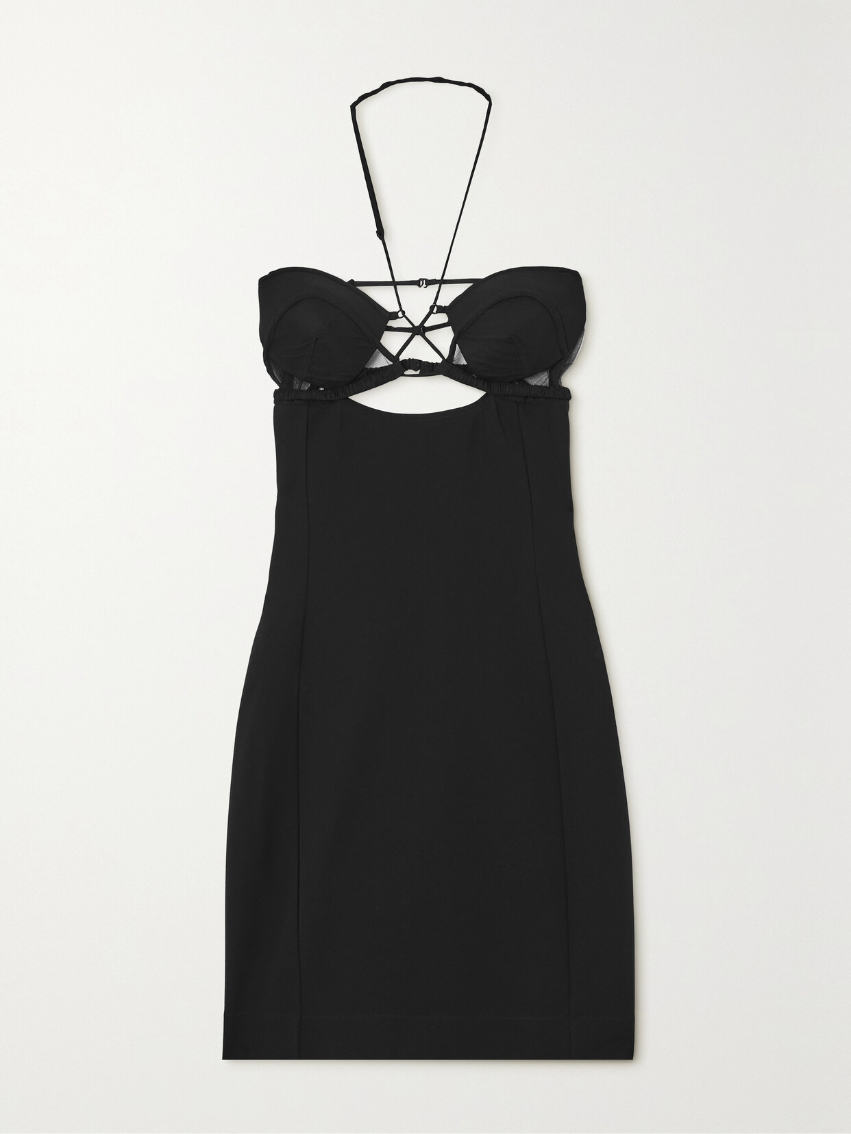 NENSI DOJAKA HILMA STRETCH-TULLE TRIMMED PONTE HALTERNECK MINI DRESS