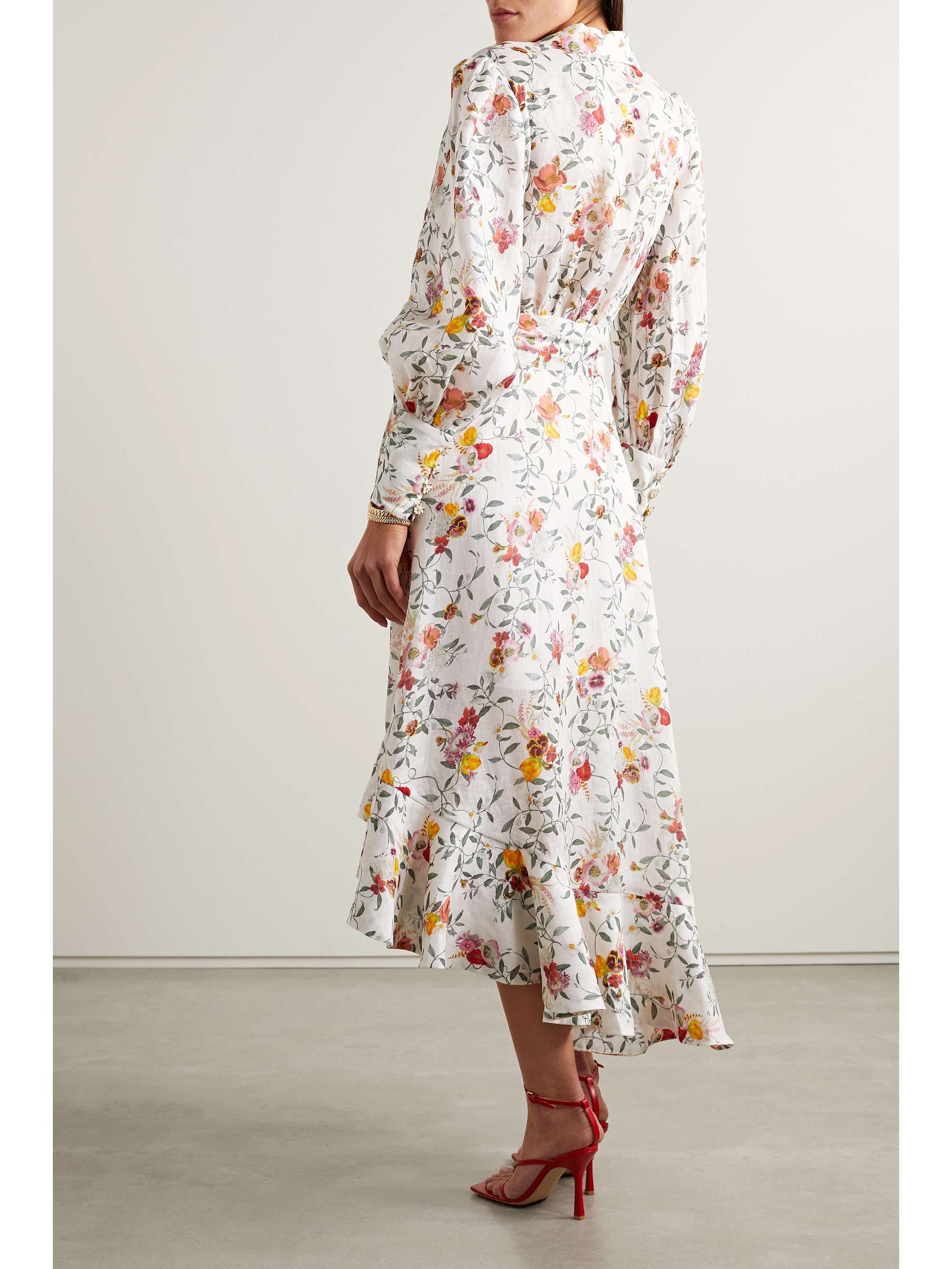 ZIMMERMANN Asymmetric embellished floral-print linen wrap dress