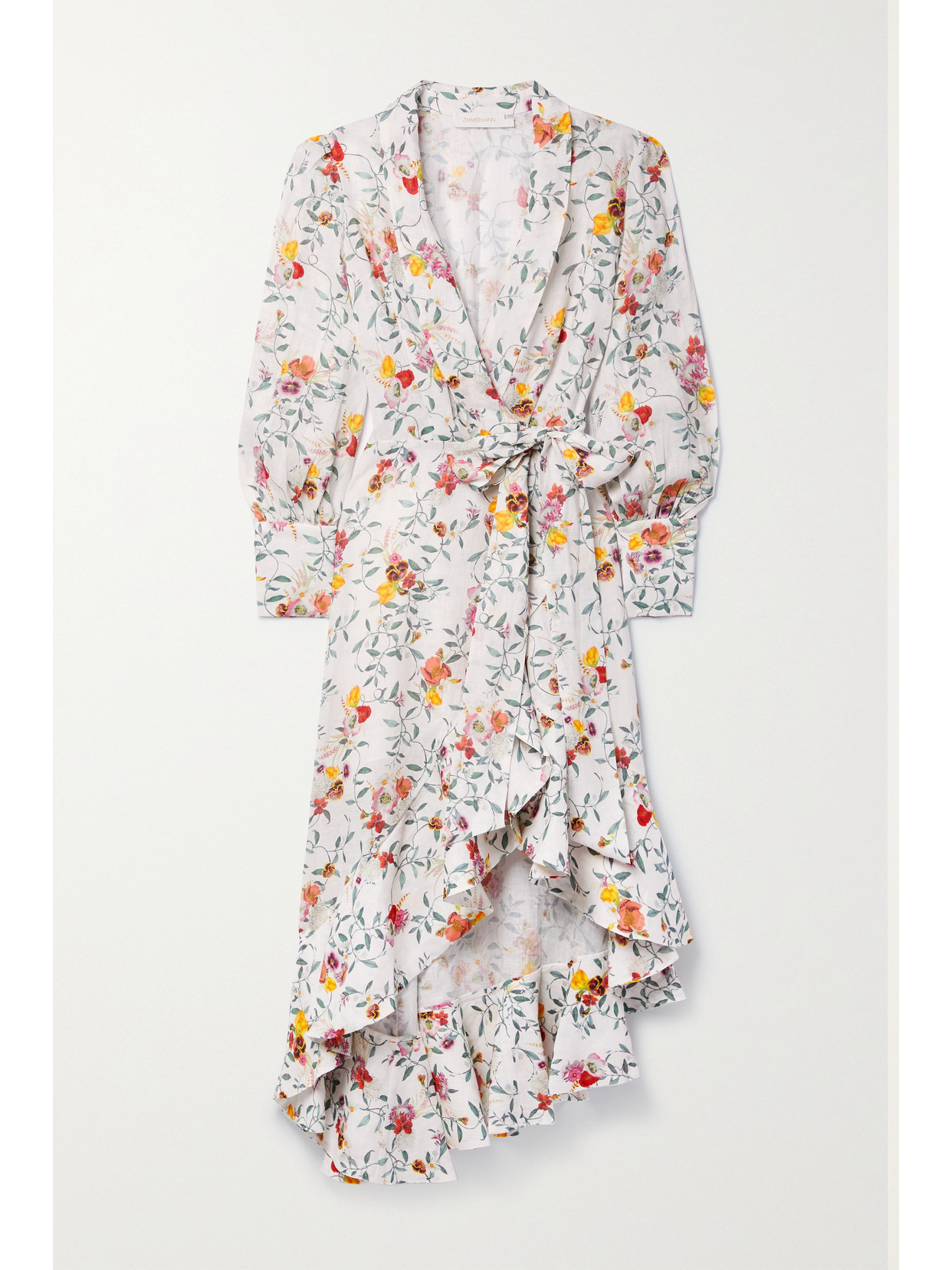 Zimmermann - Asymmetric Embellished Floral-print Linen Wrap Dress - White