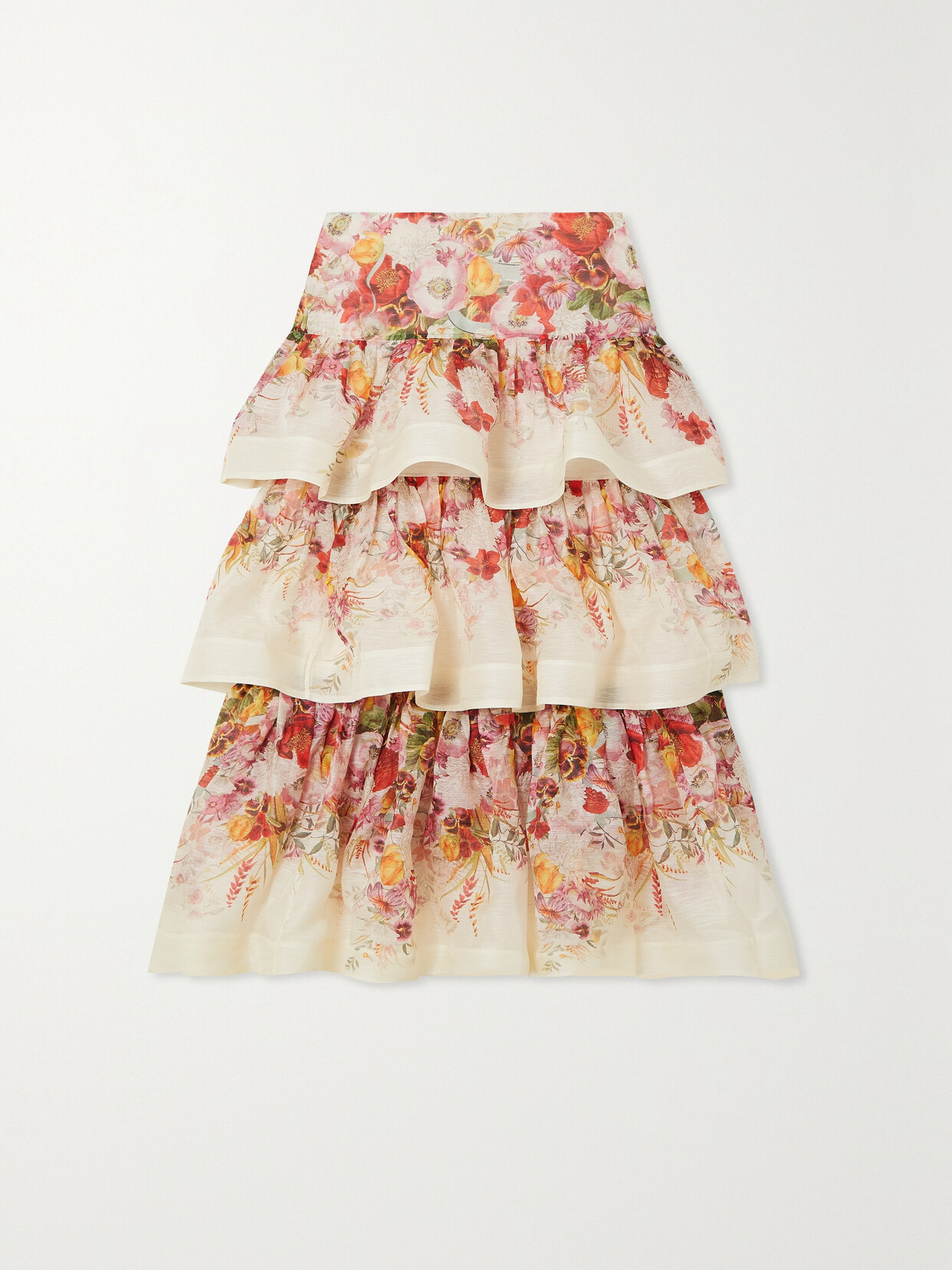 Zimmermann - Wonderland Tiered Floral-print Linen And Silk-blend Midi Skirt - Ivory