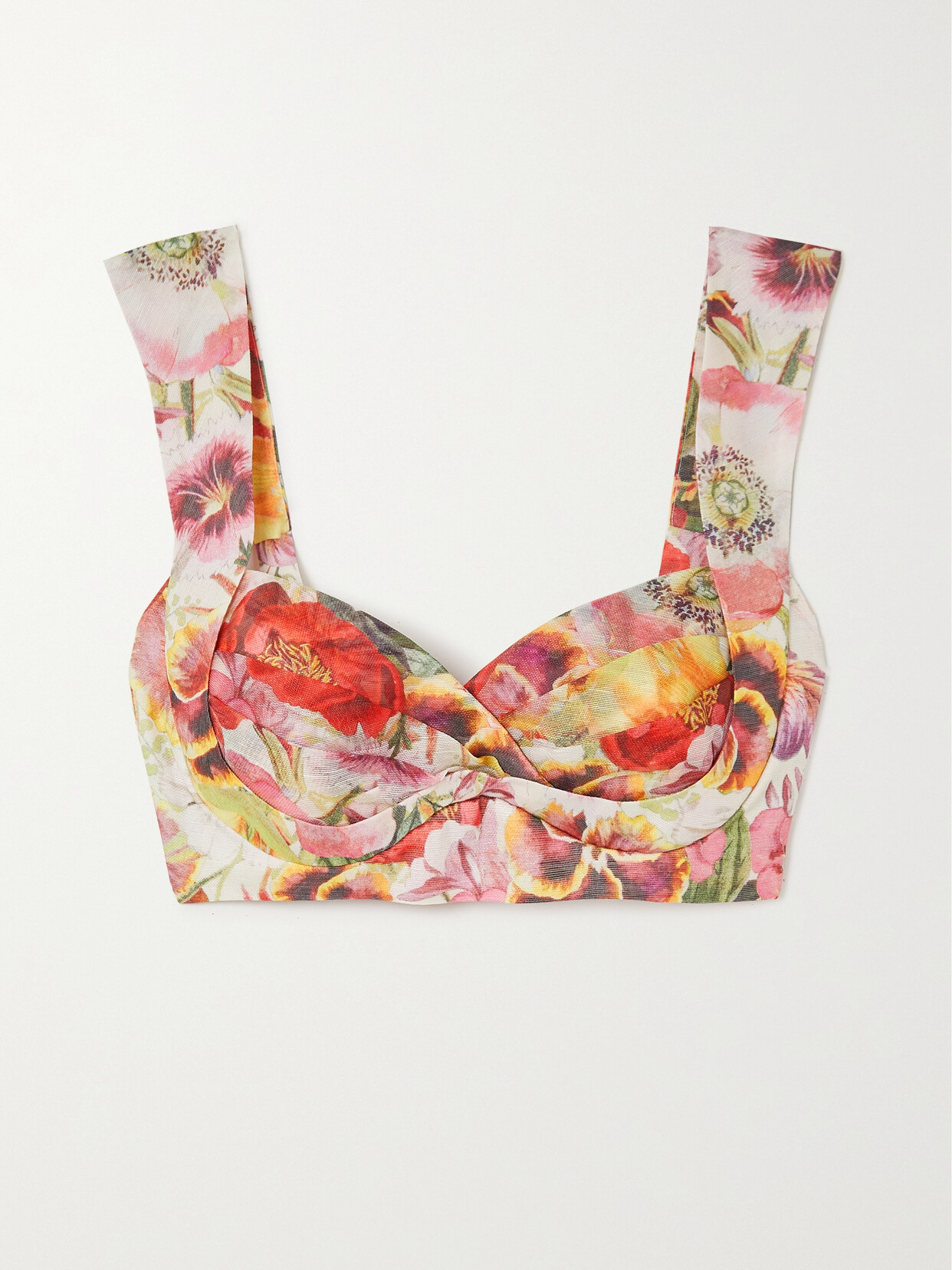 Zimmermann Wonderland Cropped Pleated Floral-print Linen And Silk-blend Bralette