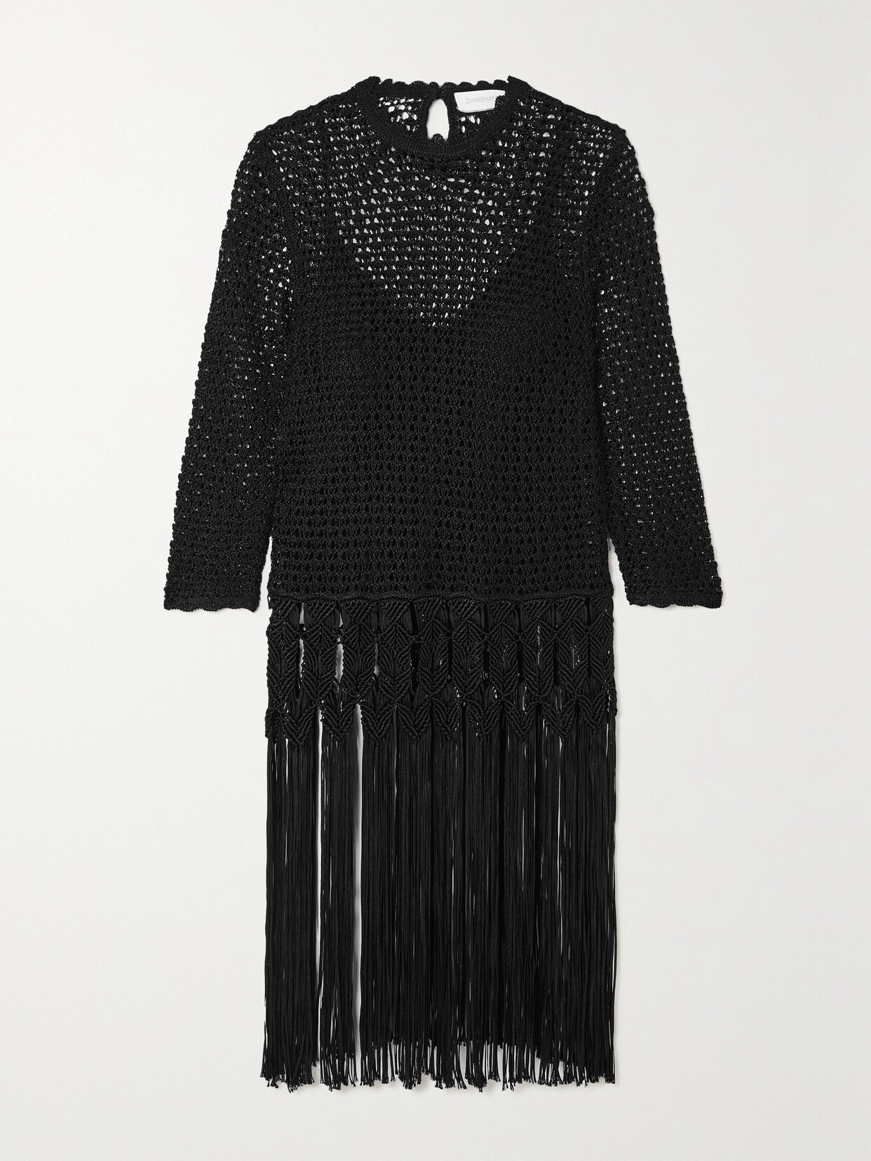 Zimmermann - Wonderland Fringed Crochet-knit And Macramé Tunic - Black