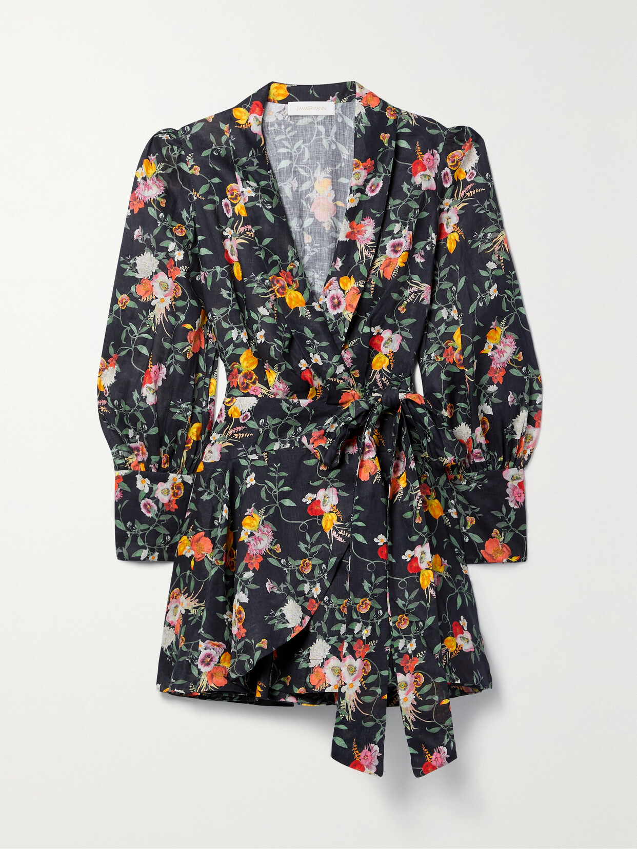Zimmermann - Floral-print Linen Mini Wrap Dress - Black