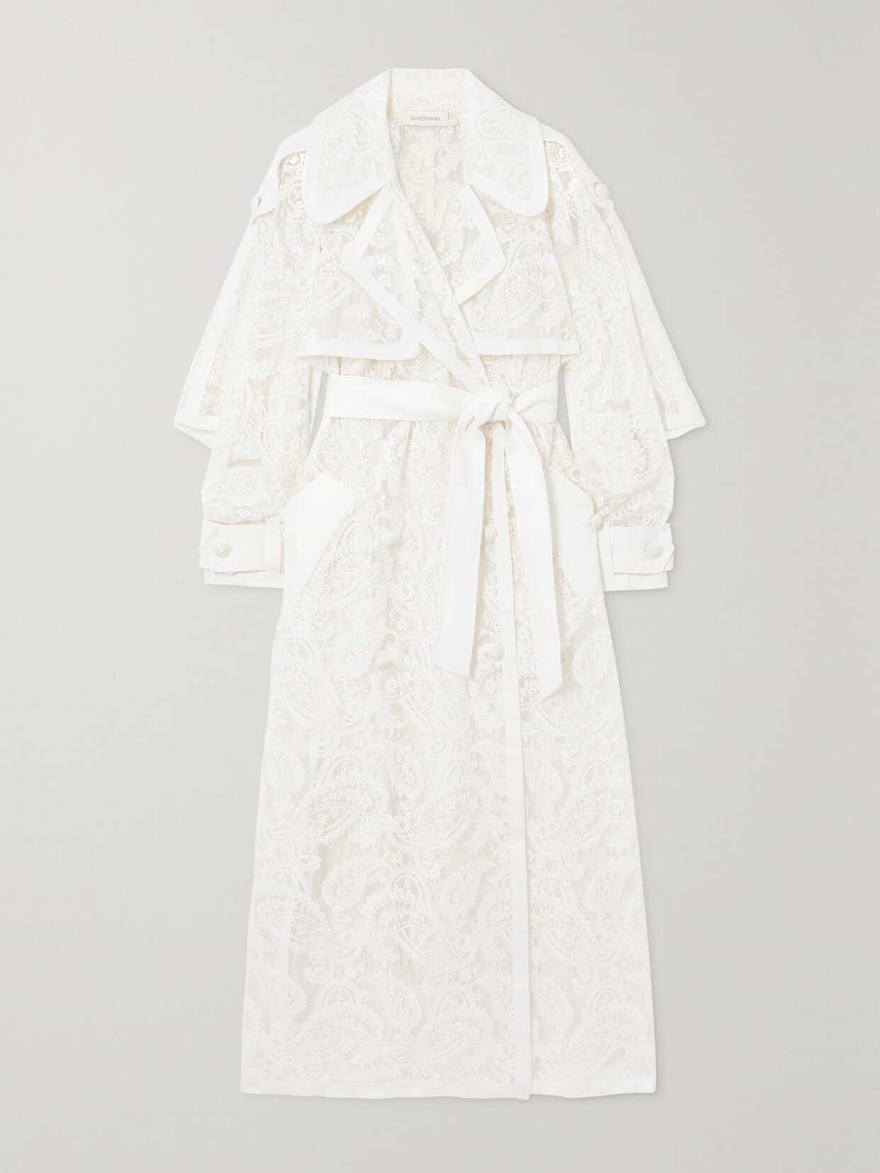 ZIMMERMANN WONDERLAND BELTED PIQUÉ-TRIMMED COTTON-BLEND LACE TRENCH COAT