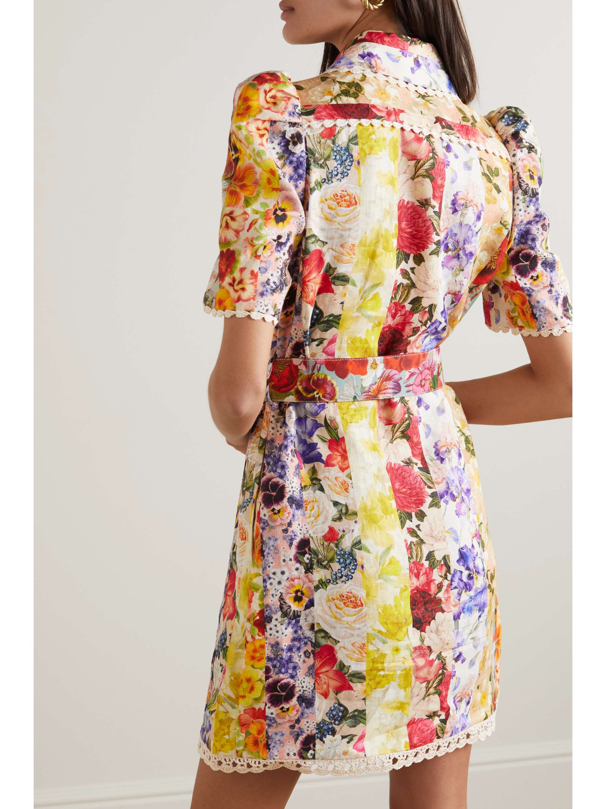 ZIMMERMANN Wonderland belted crochet-trimmed floral-print linen mini shirt dress