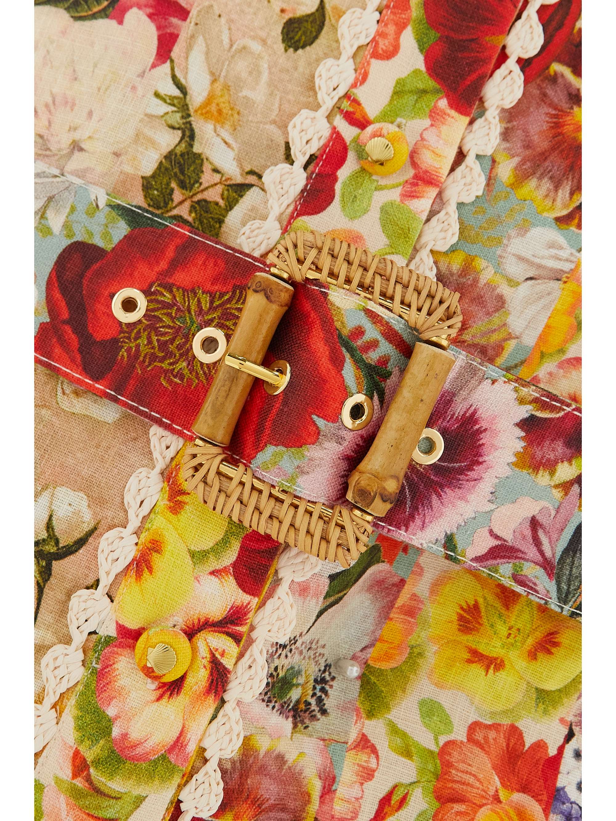 ZIMMERMANN Wonderland belted crochet-trimmed floral-print linen mini shirt dress