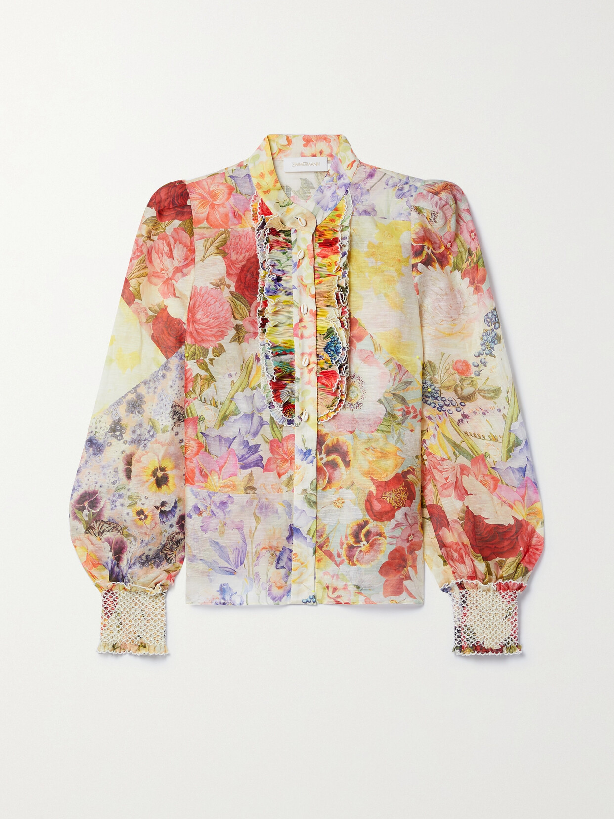 ZIMMERMANN WONDERLAND EMBELLISHED FLORAL-PRINT LINEN AND SILK-BLEND ORGANZA BLOUSE