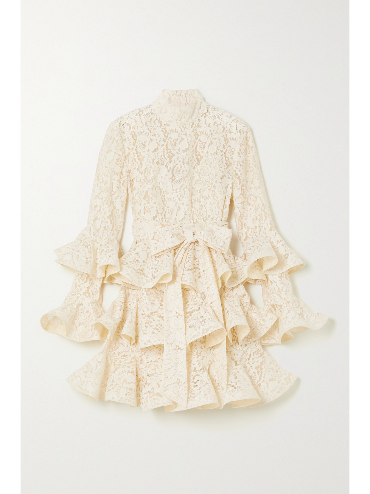 Zimmermann - Tama Belted Ruffled Tiered Lace Mini Dress - Cream