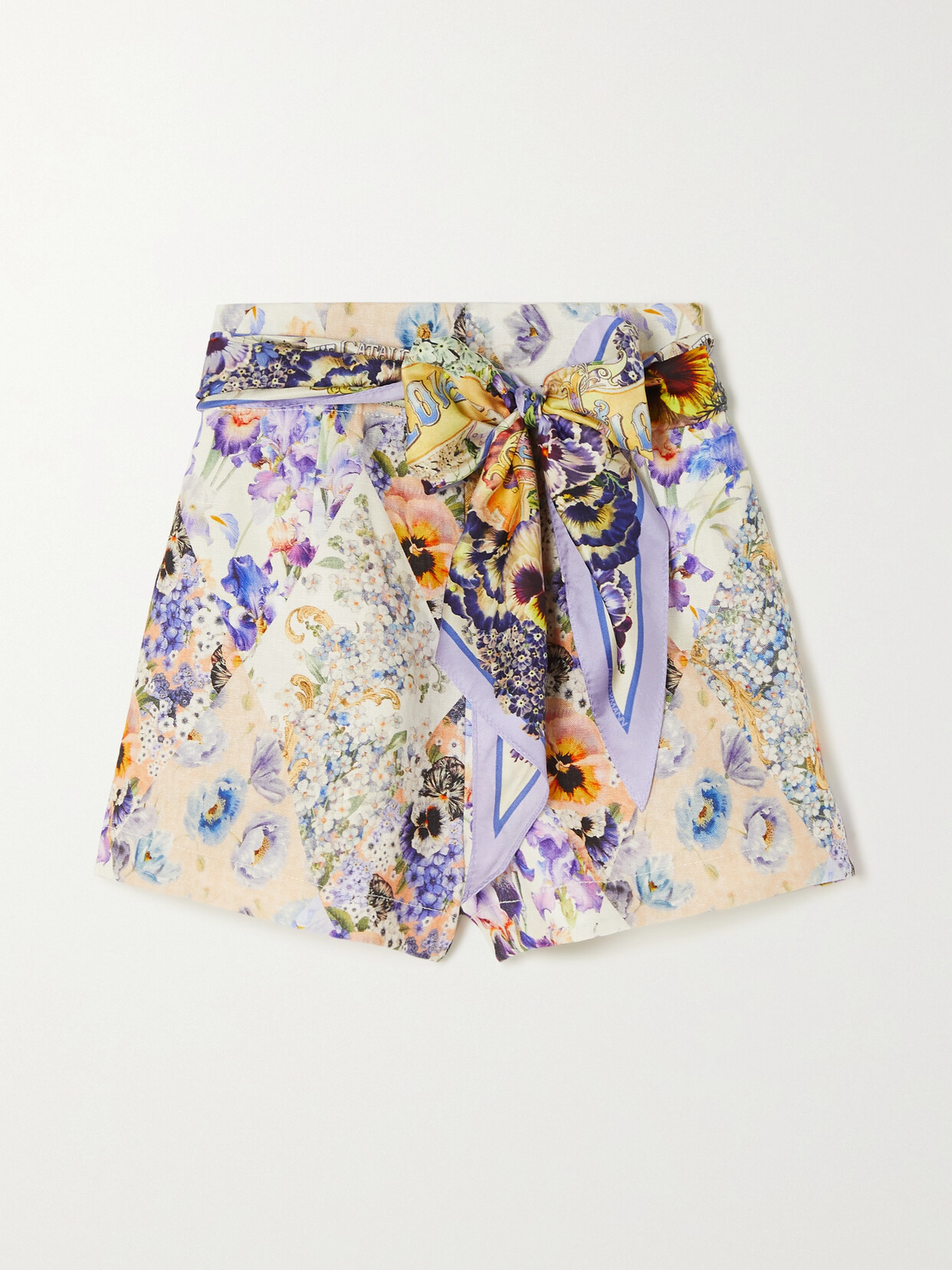 ZIMMERMANN TAMA BELTED FLORAL-PRINT LINEN SHORTS