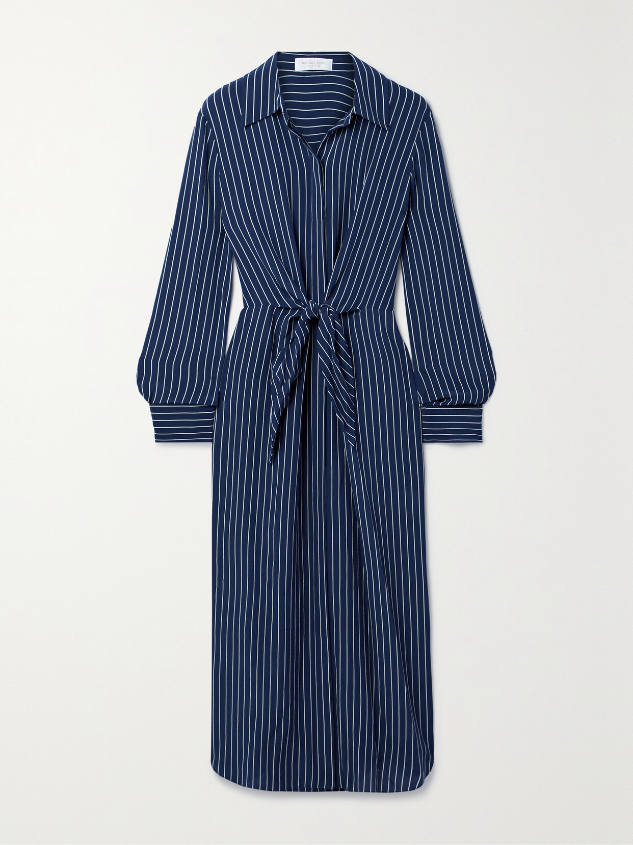 MICHAEL KORS TIE-DETAILED STRIPED ORGANIC SILK-CREPE MIDI SHIRT DRESS