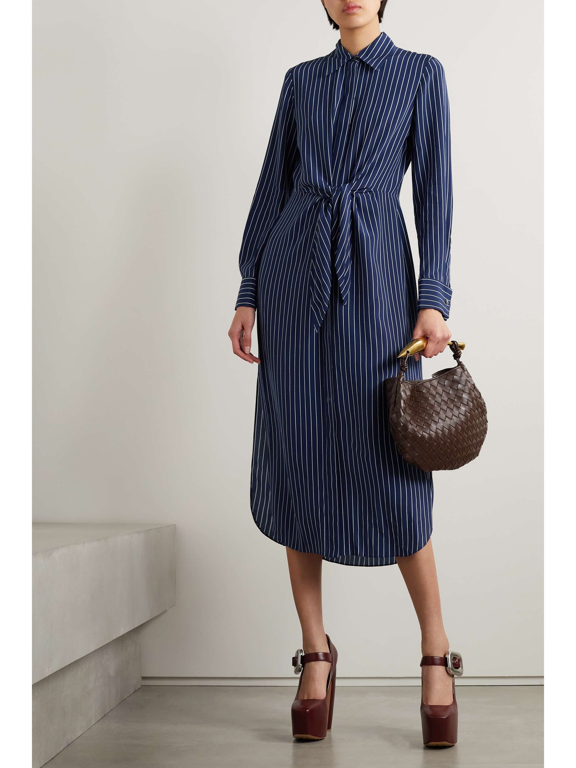 MICHAEL KORS COLLECTION 系带条纹有机真丝绉纱中长衬衫式连衣裙