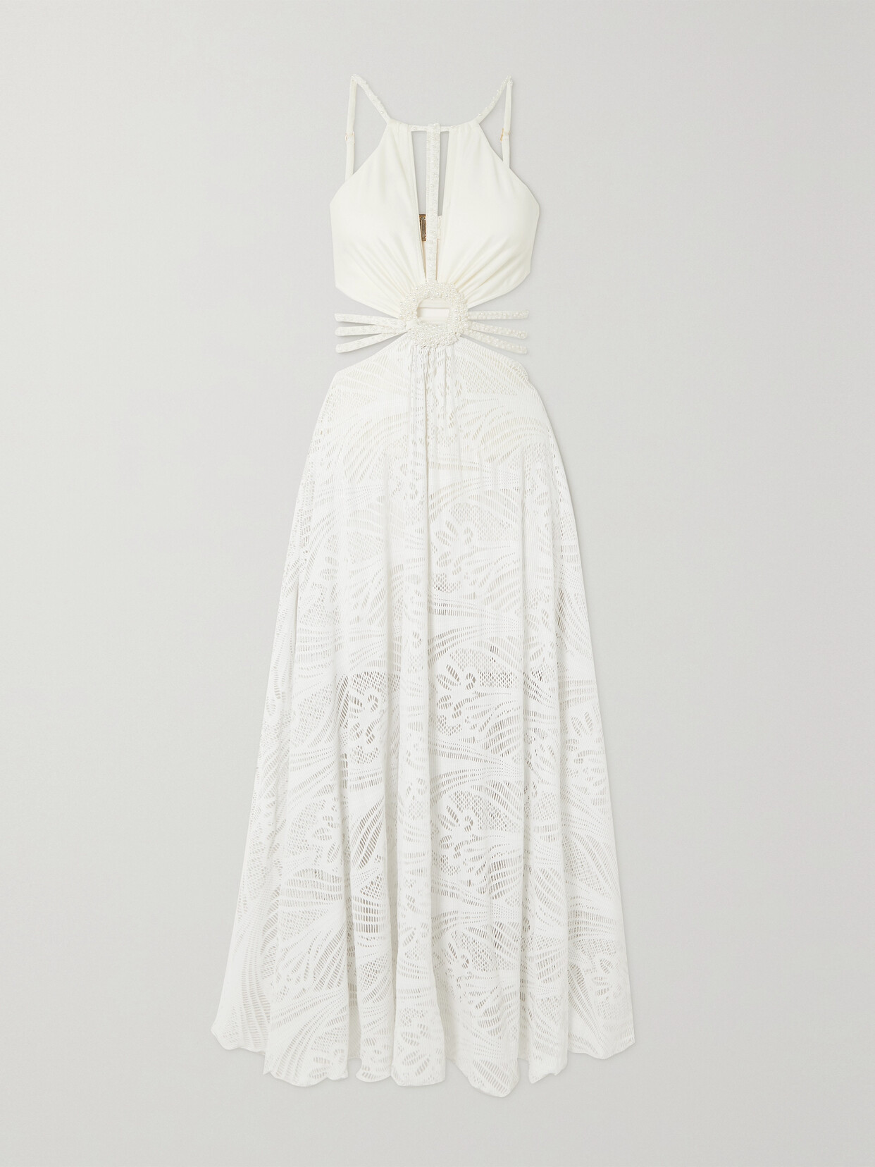 Patbo Faux Pearl-embellished Cutout Stretch-jersey And Lace Maxi Dress In White