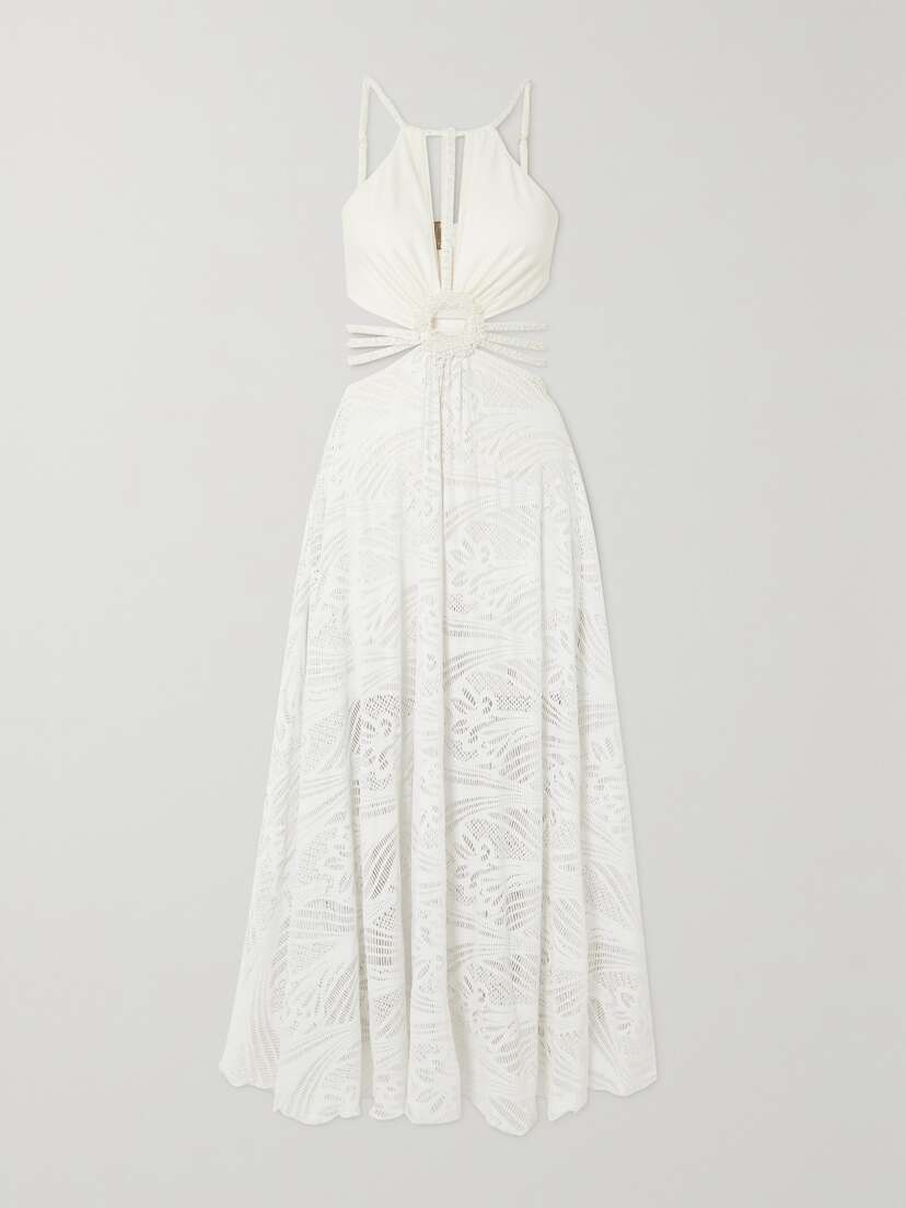 PatBO Faux Pearl-embellished Cutout Stretch-jersey And Lace Maxi Dress