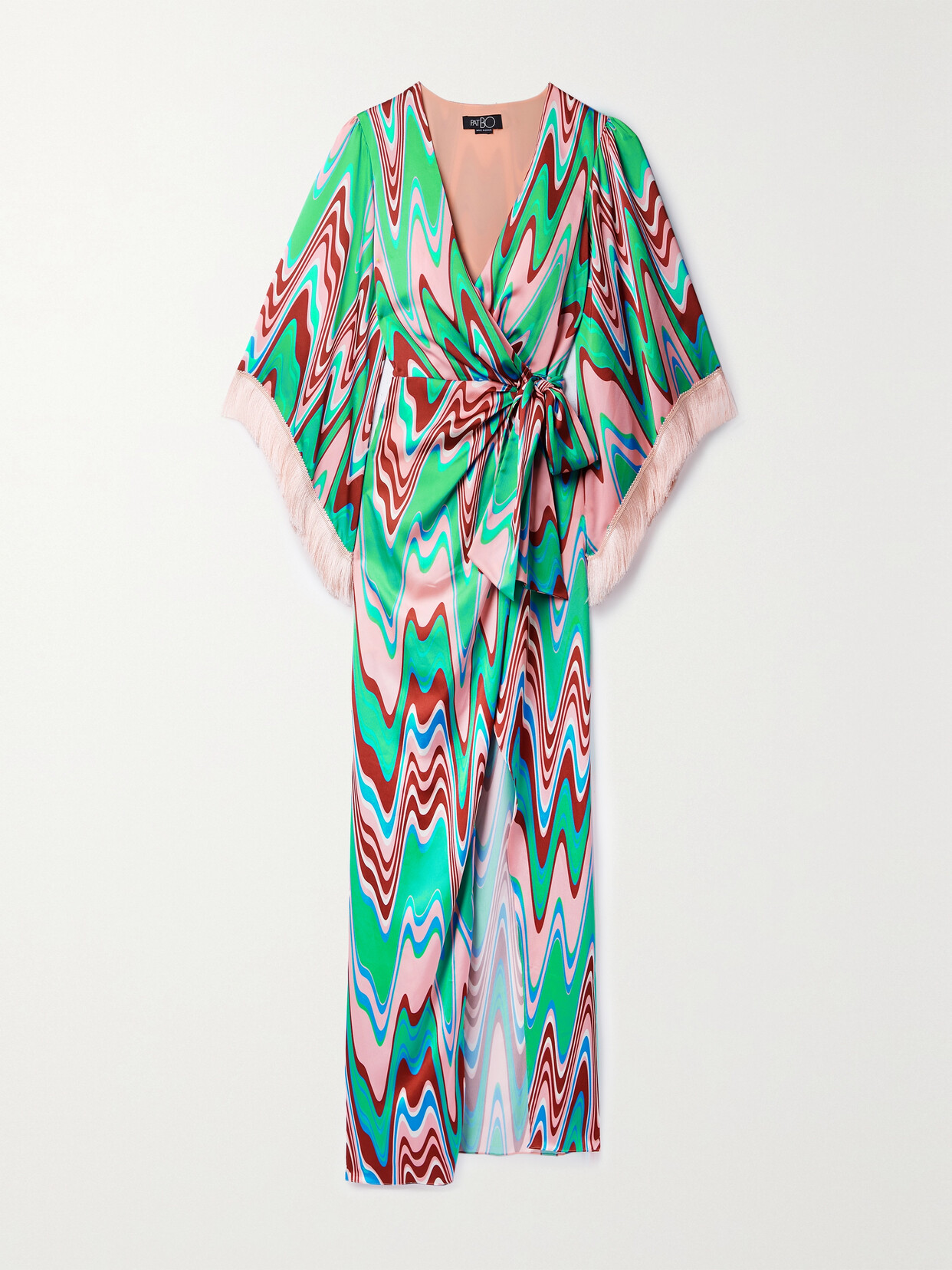 PatBO - Fringed Printed Satin Maxi Wrap Dress - Green