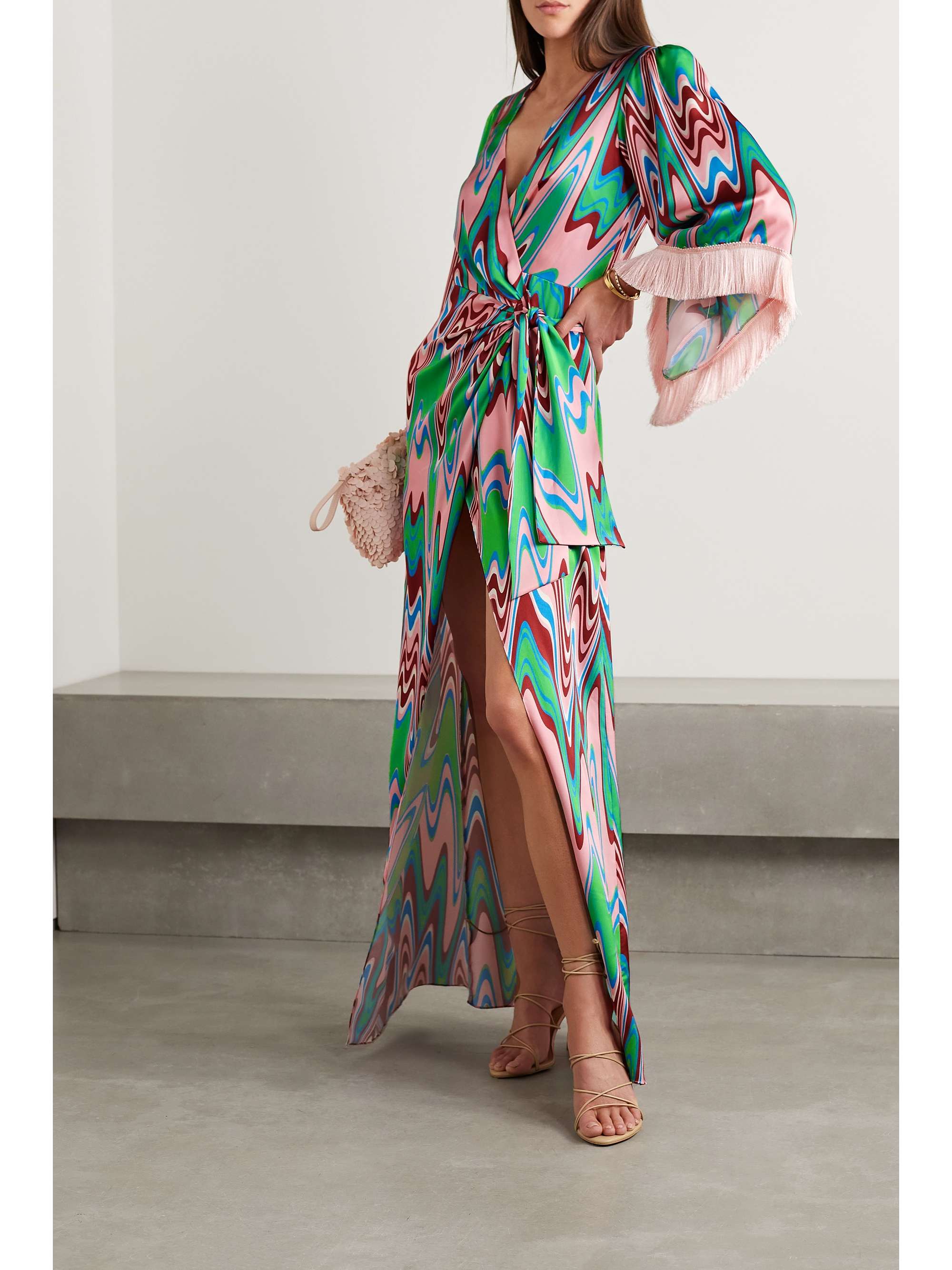 PATBO Fringed printed satin maxi wrap dress | NET-A-PORTER