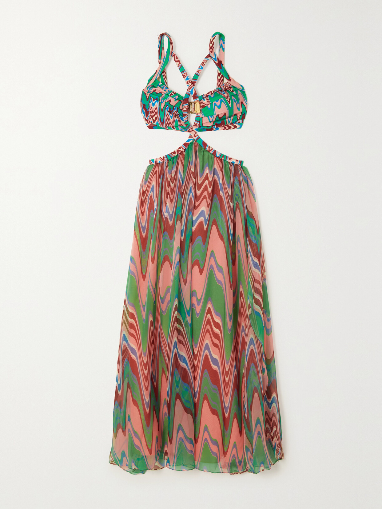 PatBO - Wave Cutout Printed Jersey And Chiffon Maxi Dress - Green