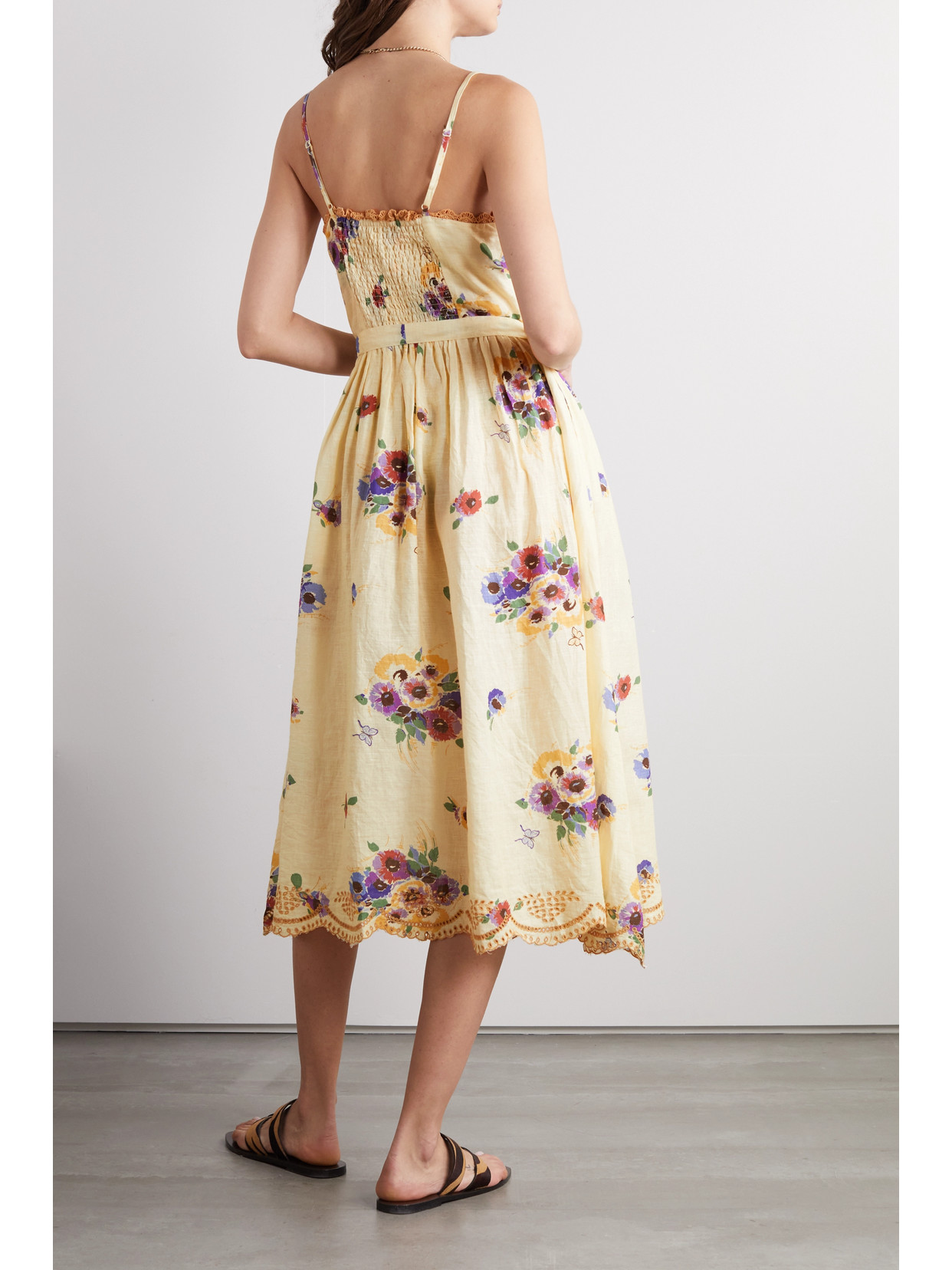 Miguelina Betina Belted Printed Broderie Anglaise Linen Midi Dress In Yellow