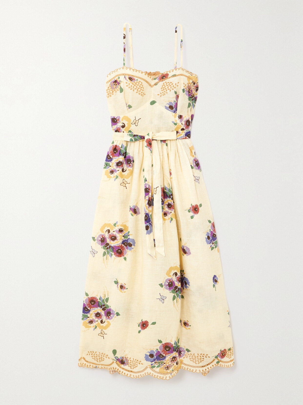 Miguelina - Betina Belted Printed Broderie Anglaise Linen Midi Dress - Yellow