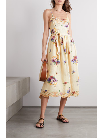 Miguelina Betina belted printed broderie anglaise linen midi dress