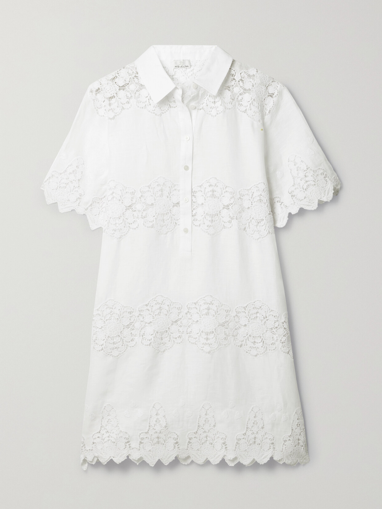 Miguelina - Elle Linen And Guipure Lace Mini Shirt Dress - White