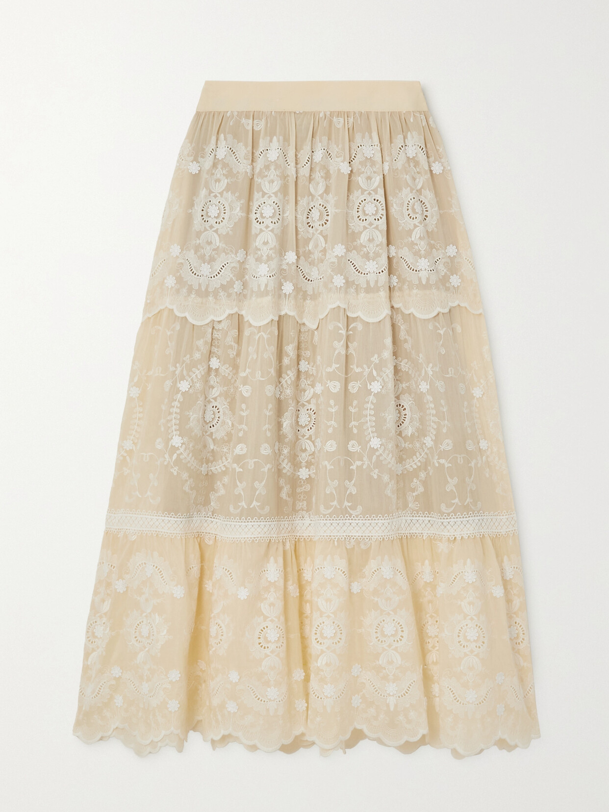 Miguelina Loreline Embroidered Broderie Anglaise Silk And Cotton-blend Midi Skirt In Cream