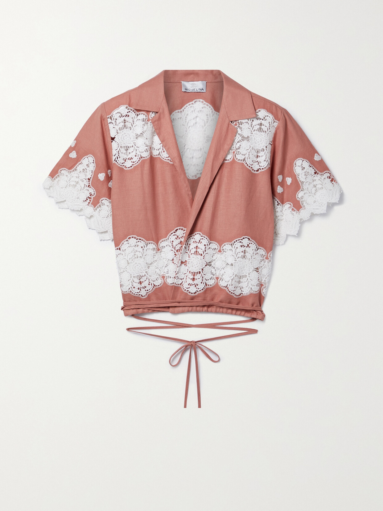 Miguelina - Brooklyn Embroidered Cotton Lace-trimmed Linen Wrap Top - Pink