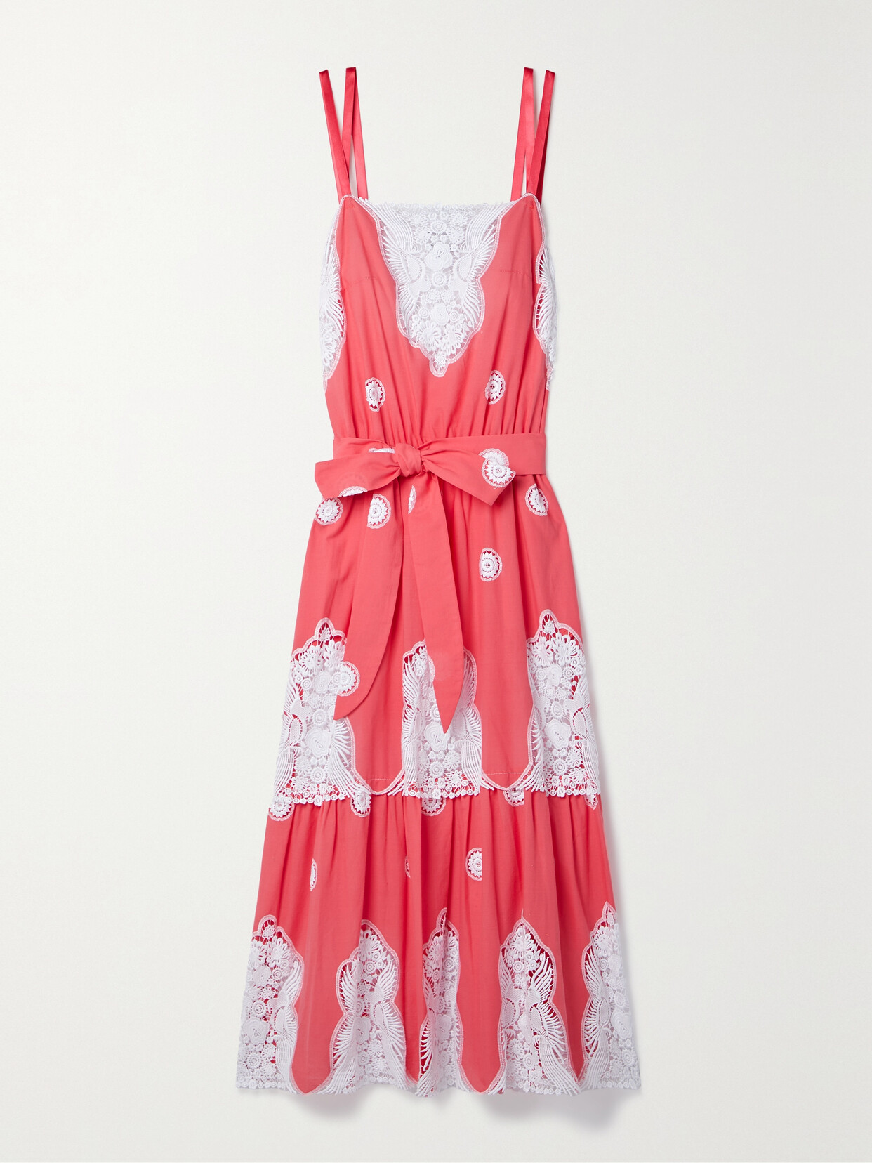 Miguelina Esme Belted Crochet-trimmed Cotton-voile Midi Dress In Pink
