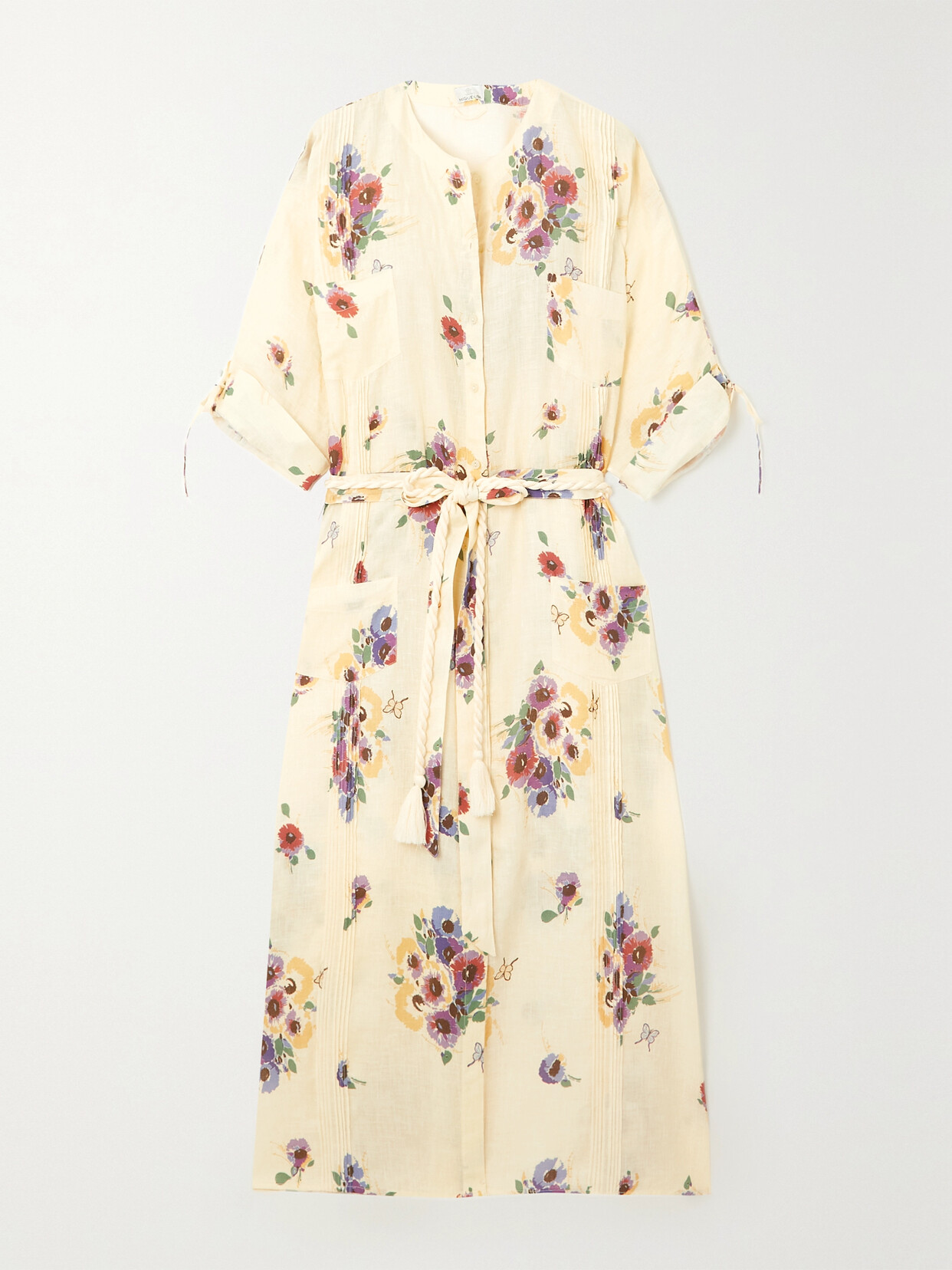 Miguelina Guayabera Belted Printed Linen Coverup In Yellow