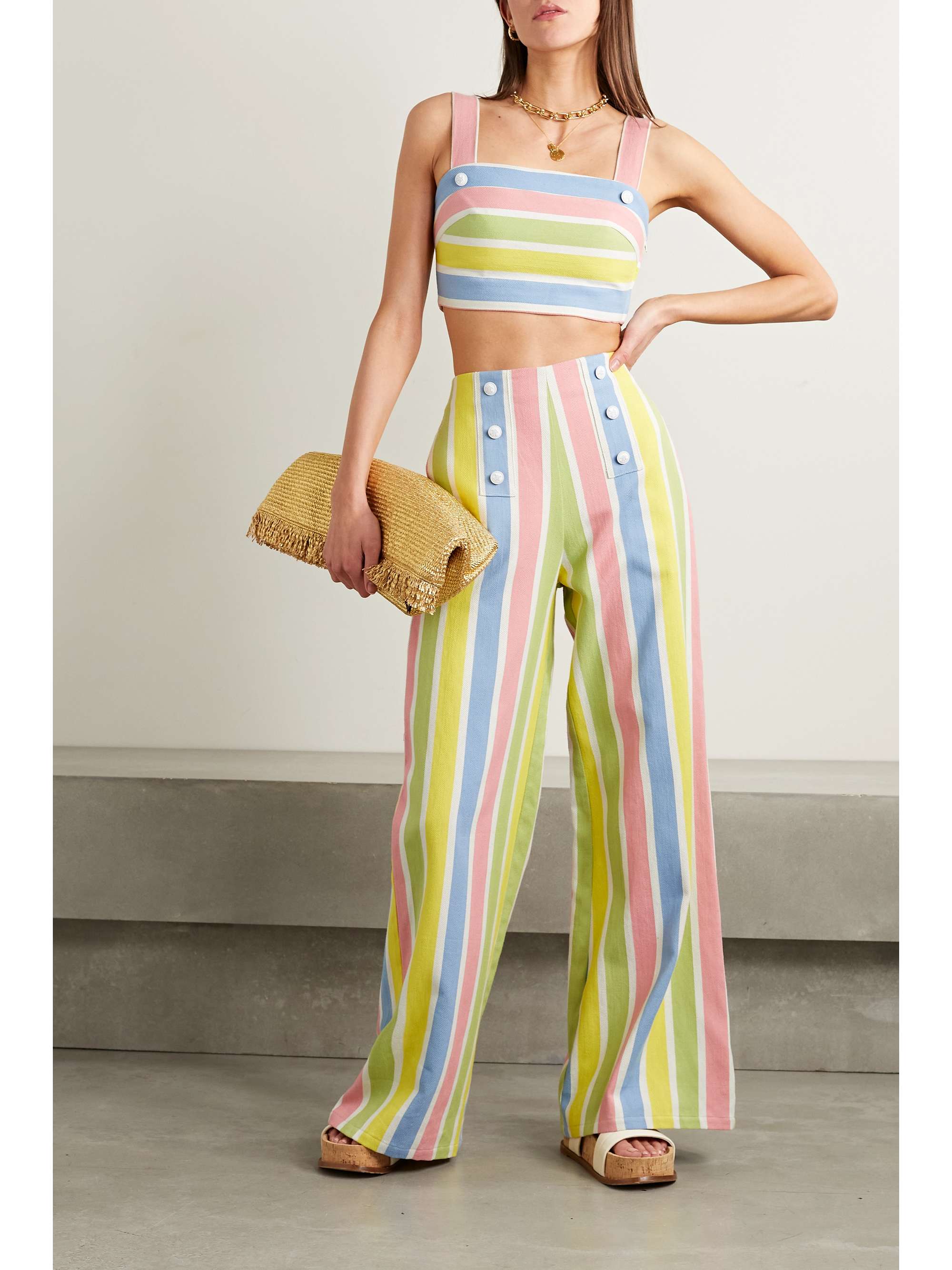 MIGUELINA Serafina striped herringbone cotton and linen-blend wide-leg pants