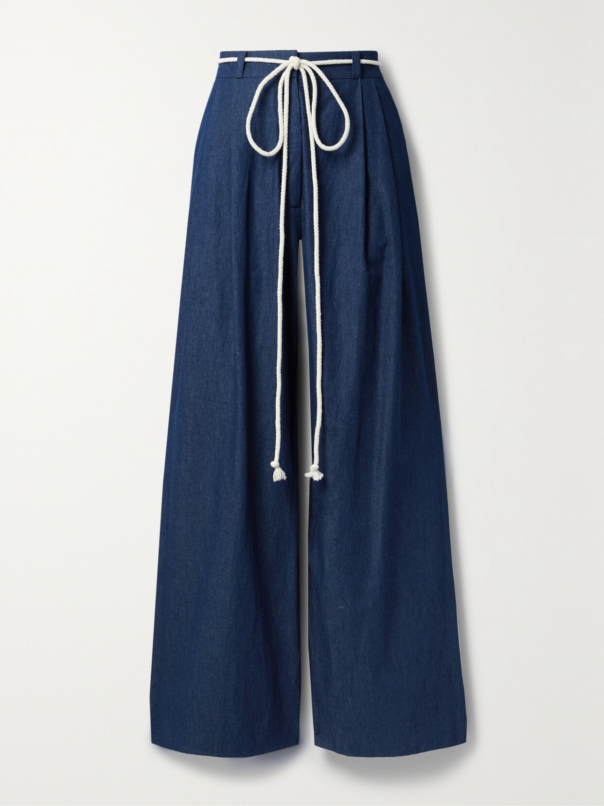 Miguelina - Ainsley Pleated Belted Cotton-chambray Wide-leg Pants - Blue