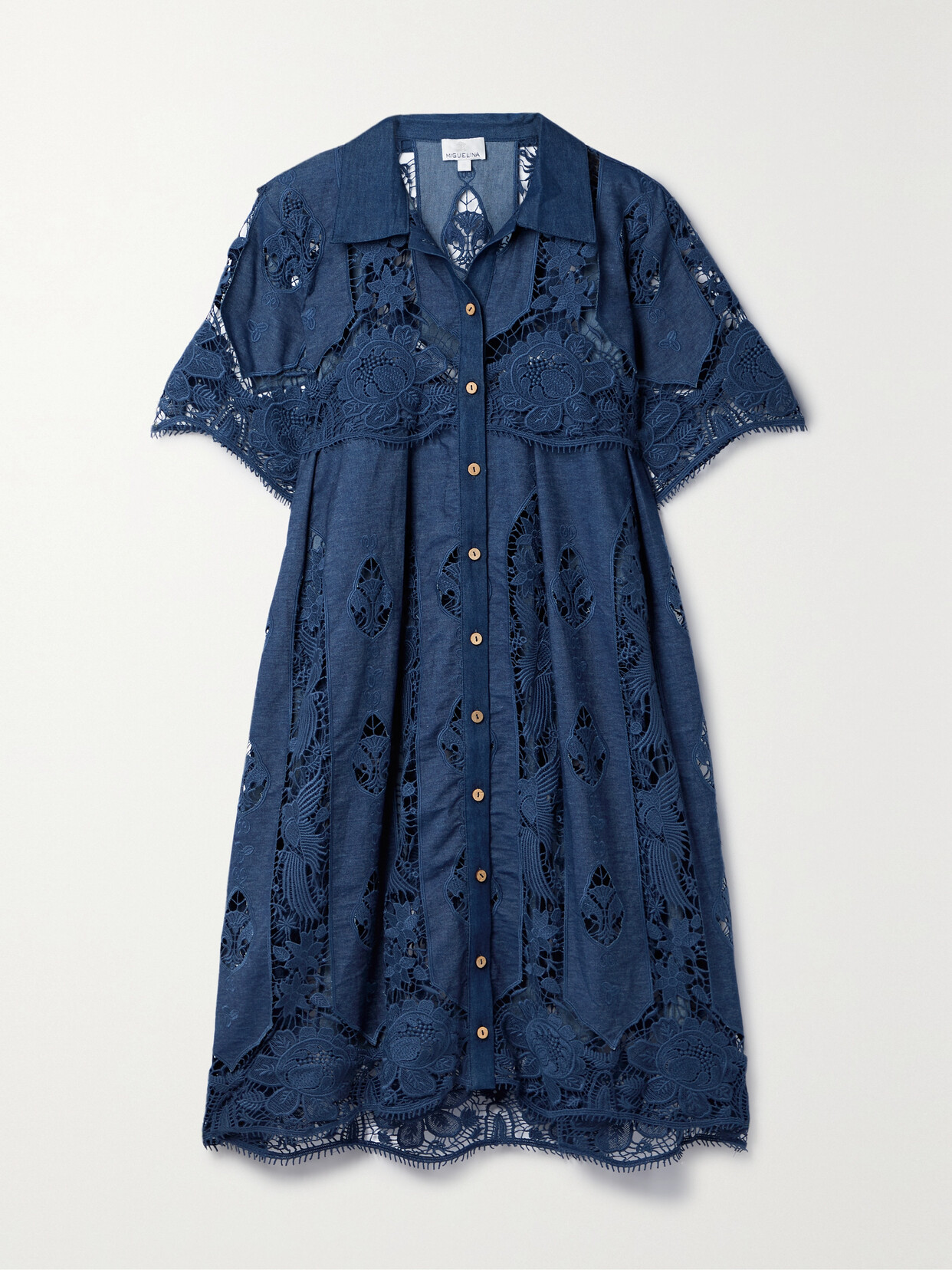 Miguelina Alanna Corded Lace-paneled Cotton-chambray Mini Dress In Blue