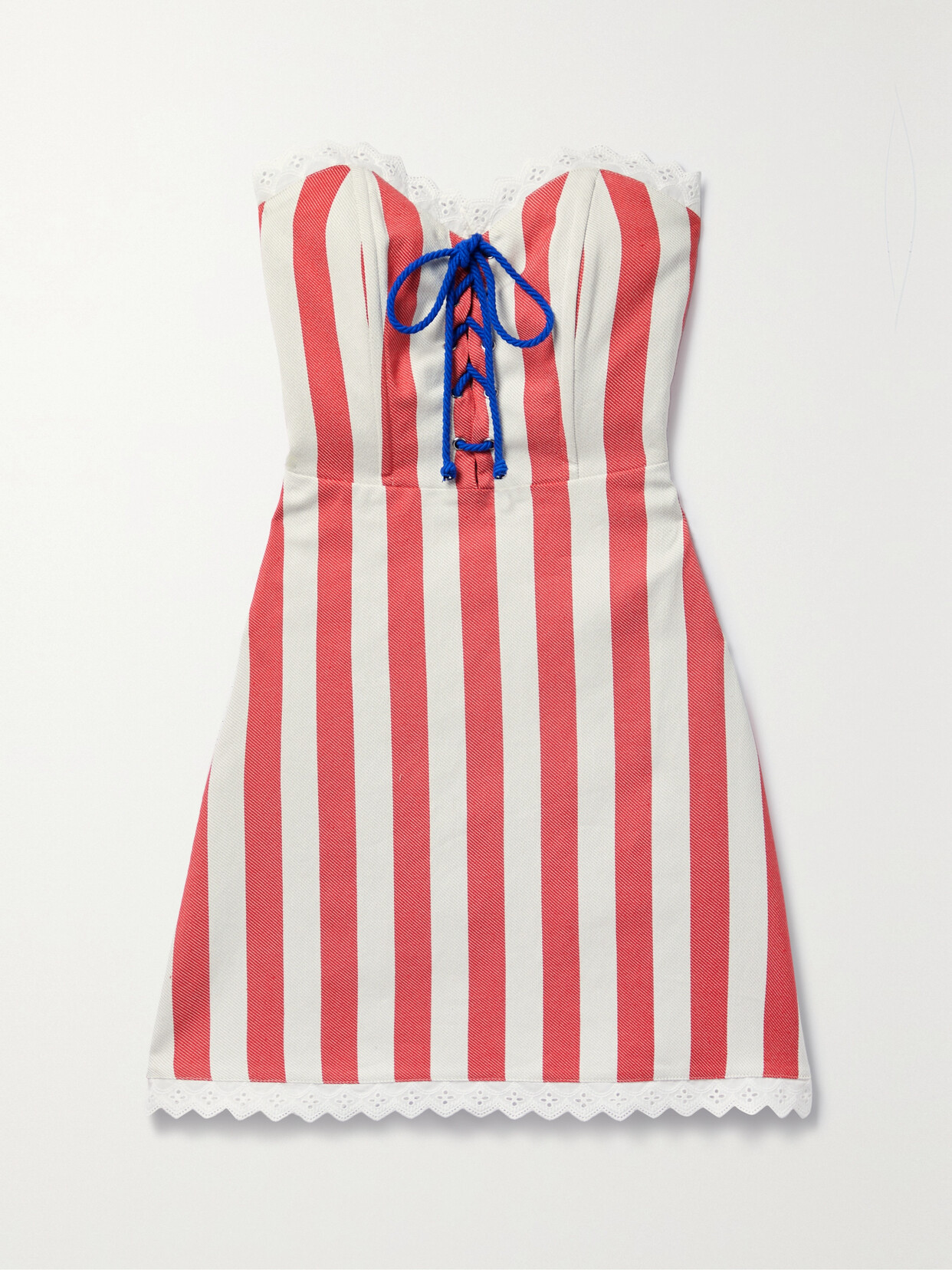 Miguelina Fiorella Broderie Anglaise-trimmed Striped Cotton-twill Mini Dress In Red